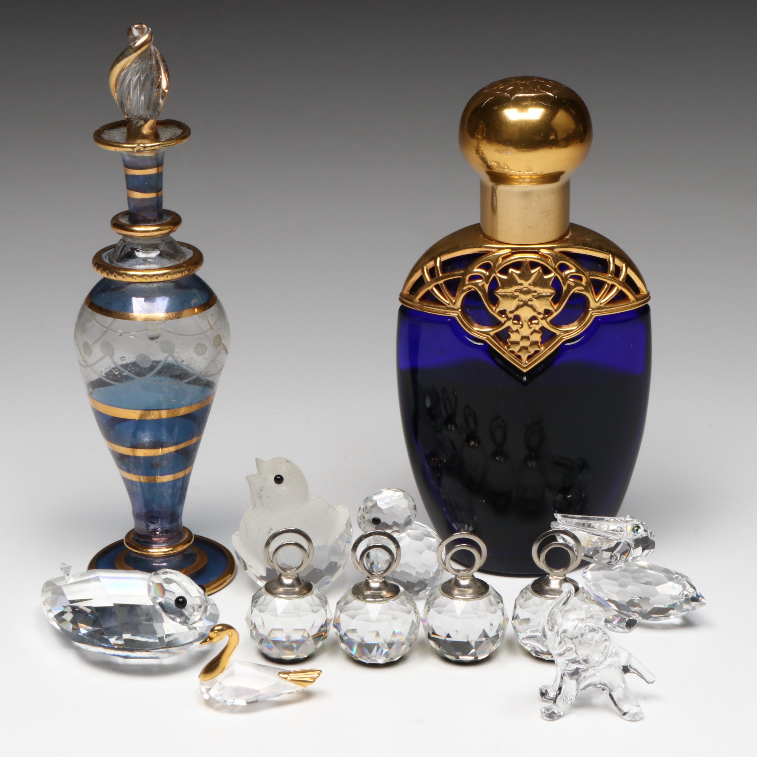 Swarovski and Other Crystal Figurines with Glass and Metal Perfume Bottles