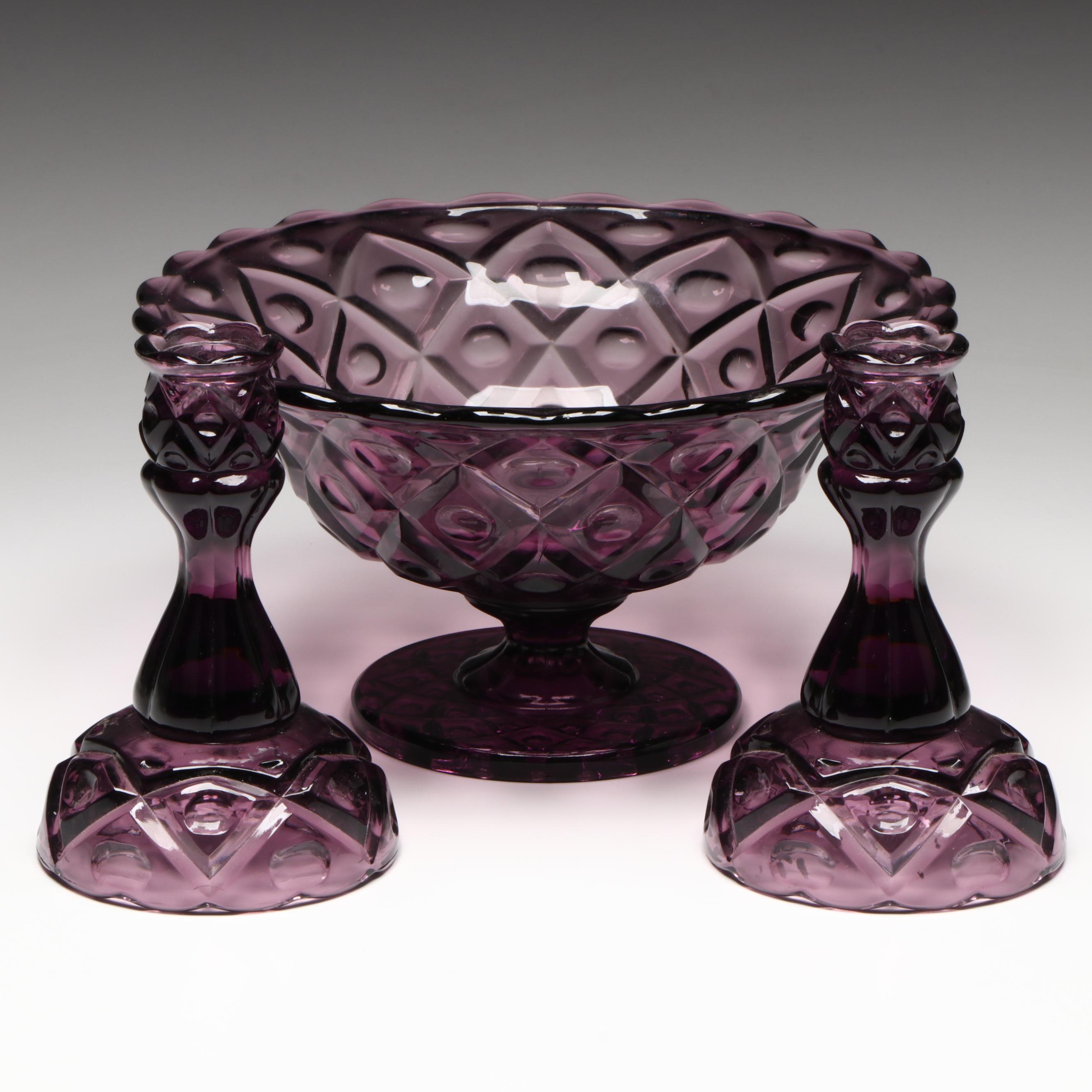 Viking Amethyst Glass "Diamond Thumb Print" Centerpiece Bowl and Candlesticks