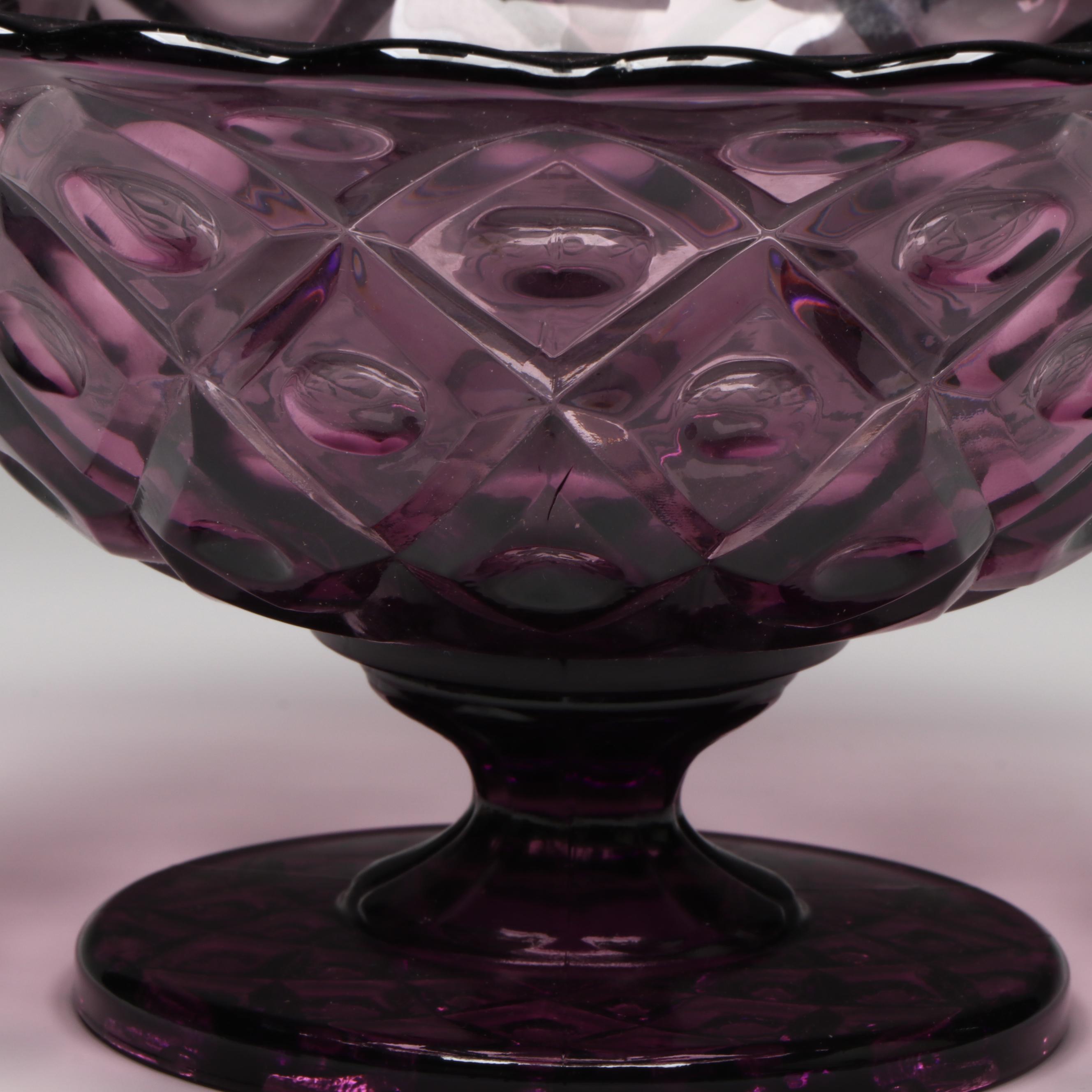 Viking Amethyst Glass "Diamond Thumb Print" Centerpiece Bowl and Candlesticks