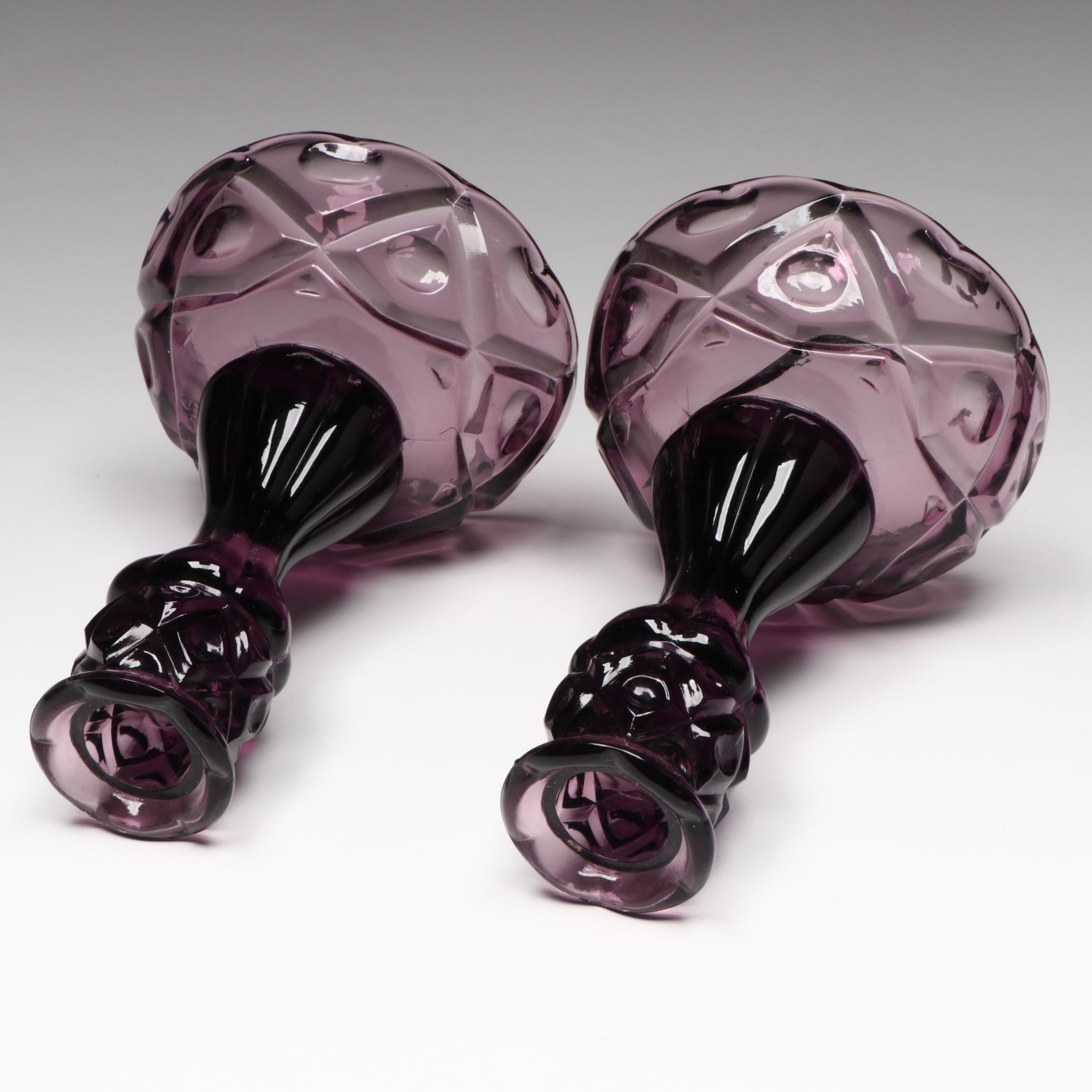 Viking Amethyst Glass "Diamond Thumb Print" Centerpiece Bowl and Candlesticks