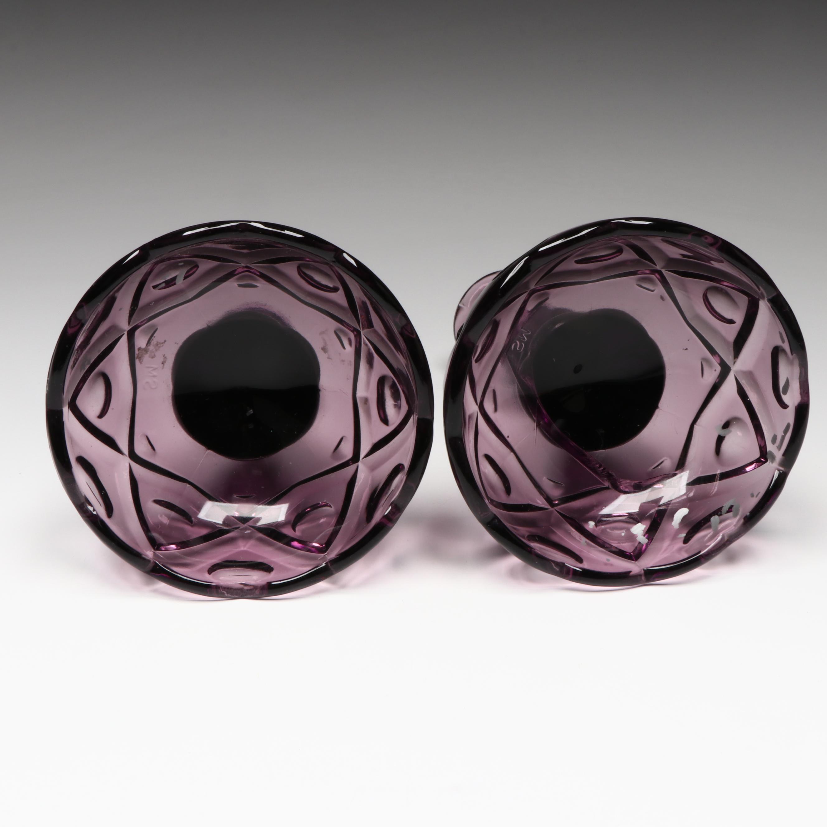 Viking Amethyst Glass "Diamond Thumb Print" Centerpiece Bowl and Candlesticks