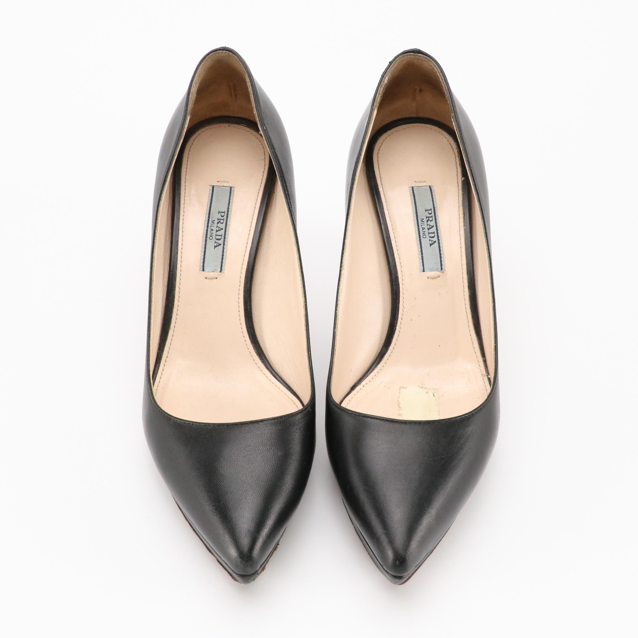 Prada Point Toe Platform Pumps in Black Leather
