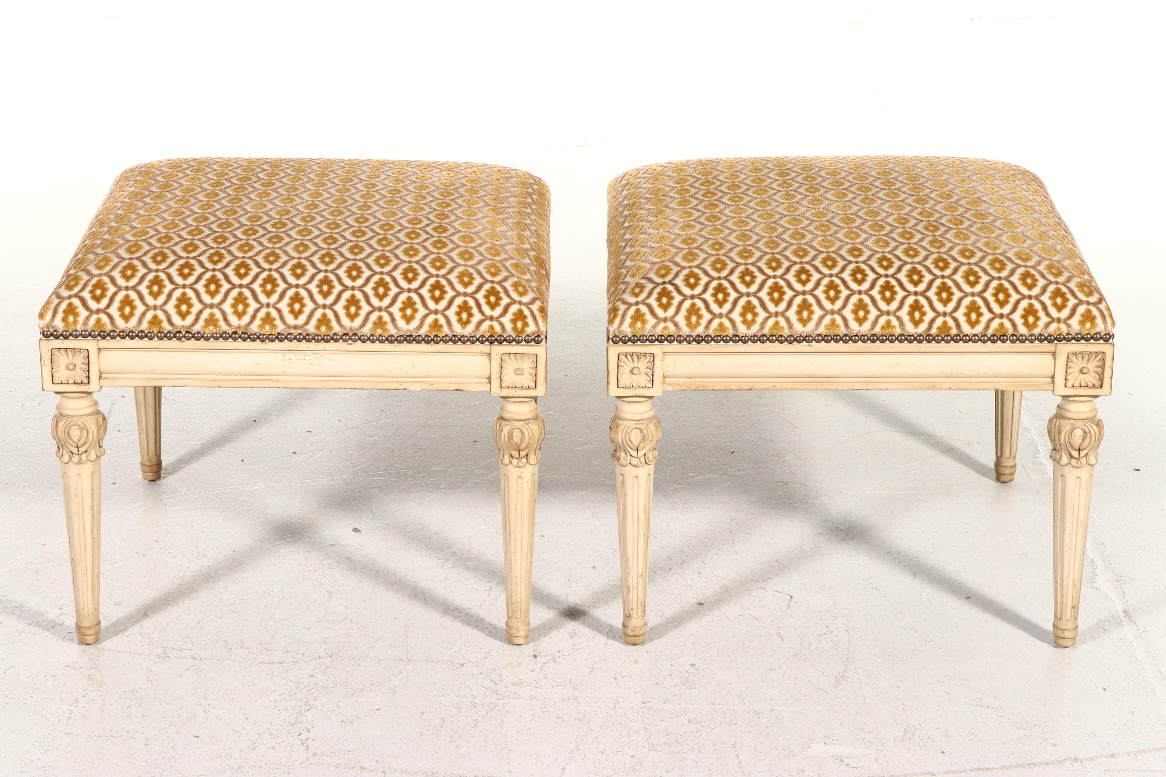 Pair of Isenhour Furniture French Provincial Style Chenille Upholstered Ottomans