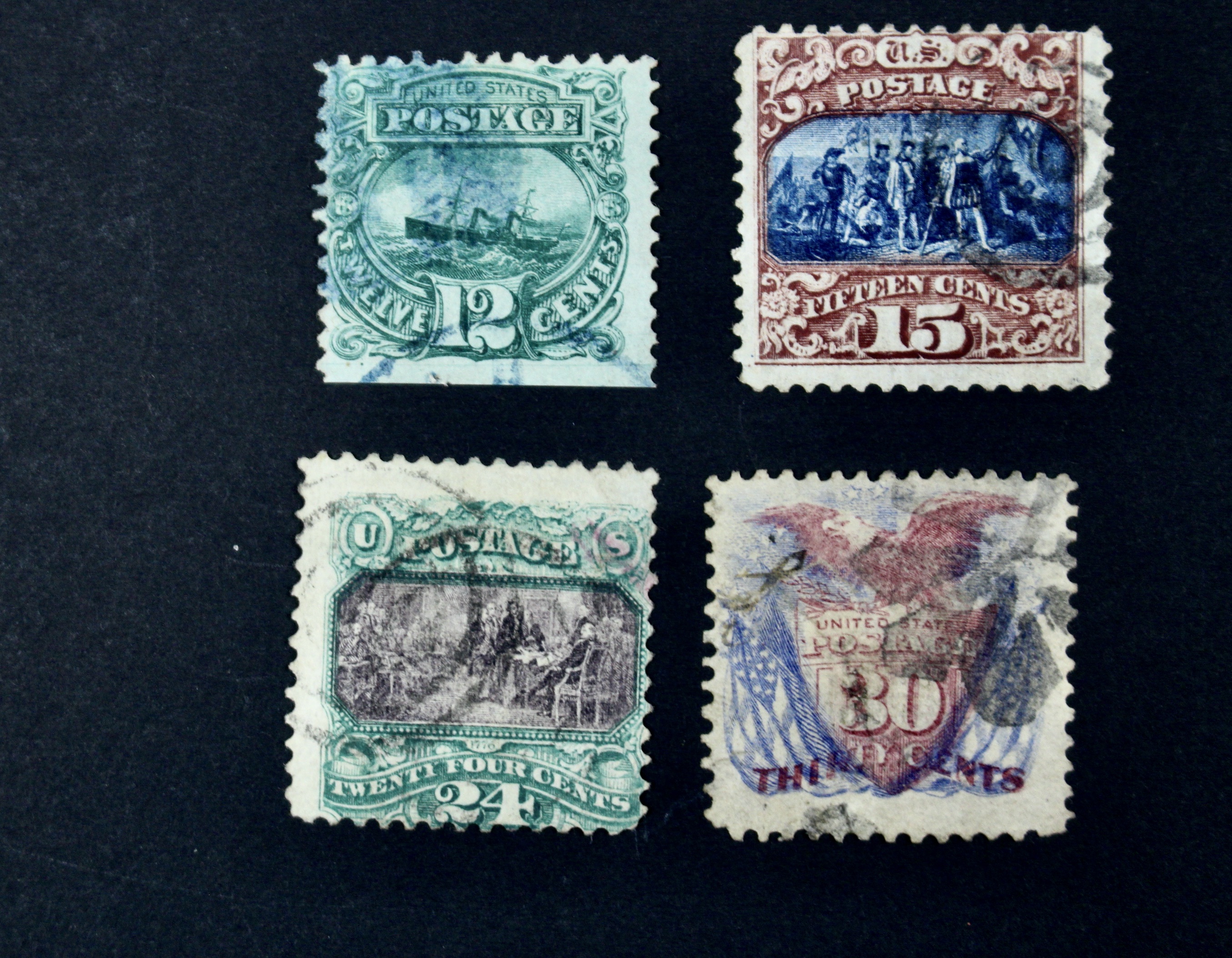 Eight Different 1869 U.S. Pictorial Postage Stamps, Incl. 24-Cent and 30-Cent