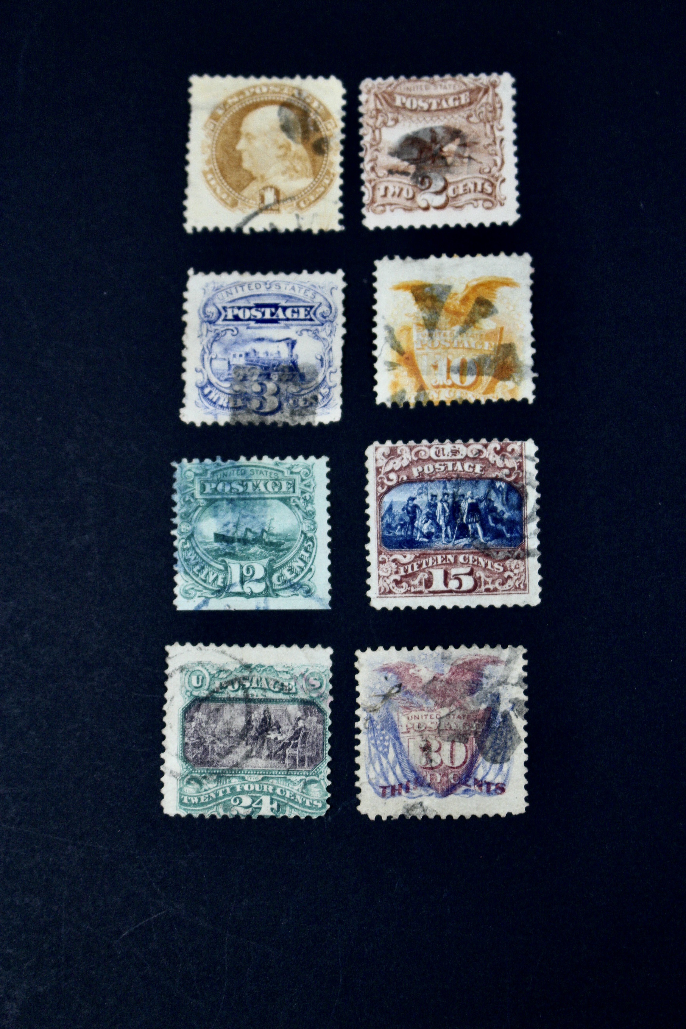 Eight Different 1869 U.S. Pictorial Postage Stamps, Incl. 24-Cent and 30-Cent