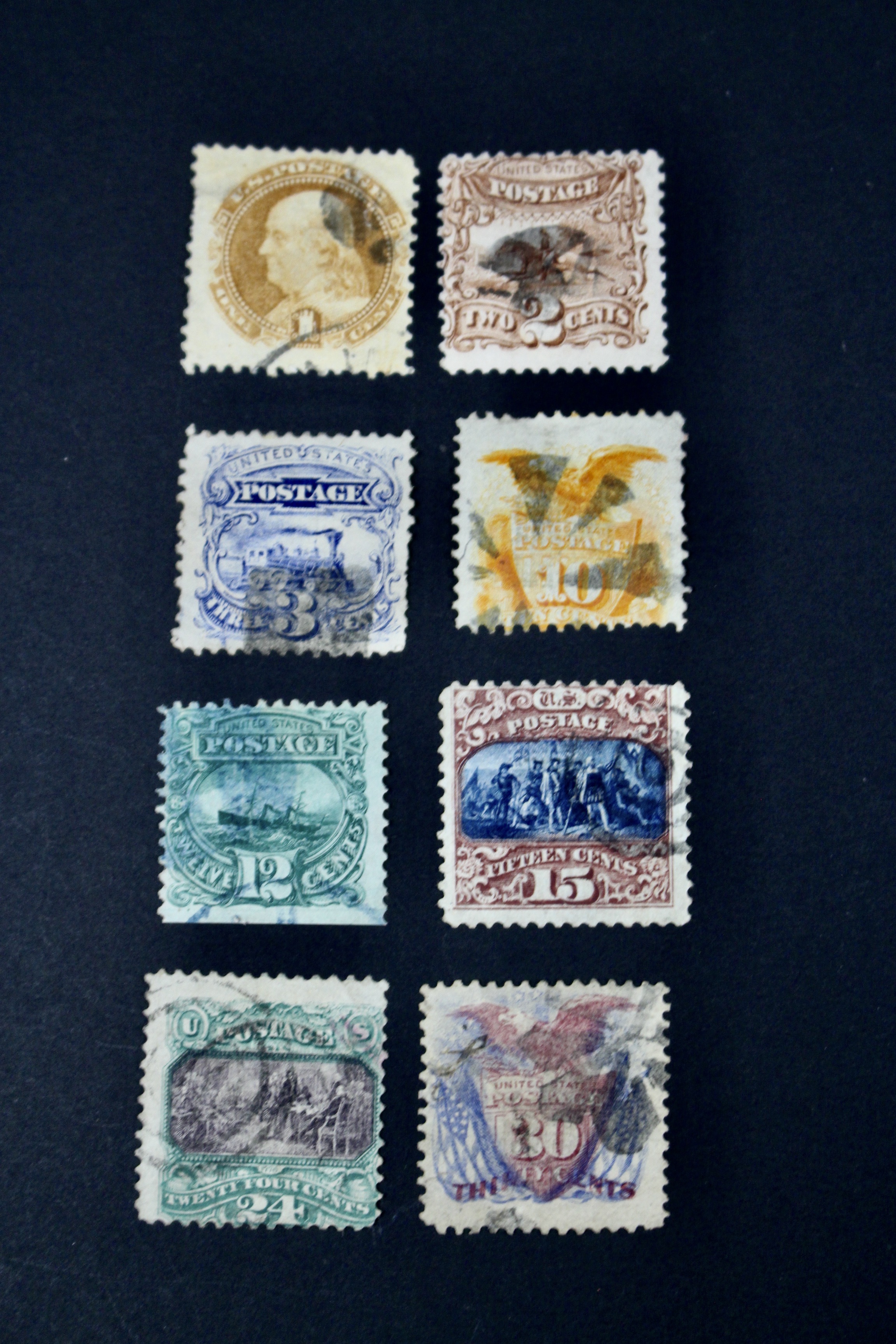 Eight Different 1869 U.S. Pictorial Postage Stamps, Incl. 24-Cent and 30-Cent