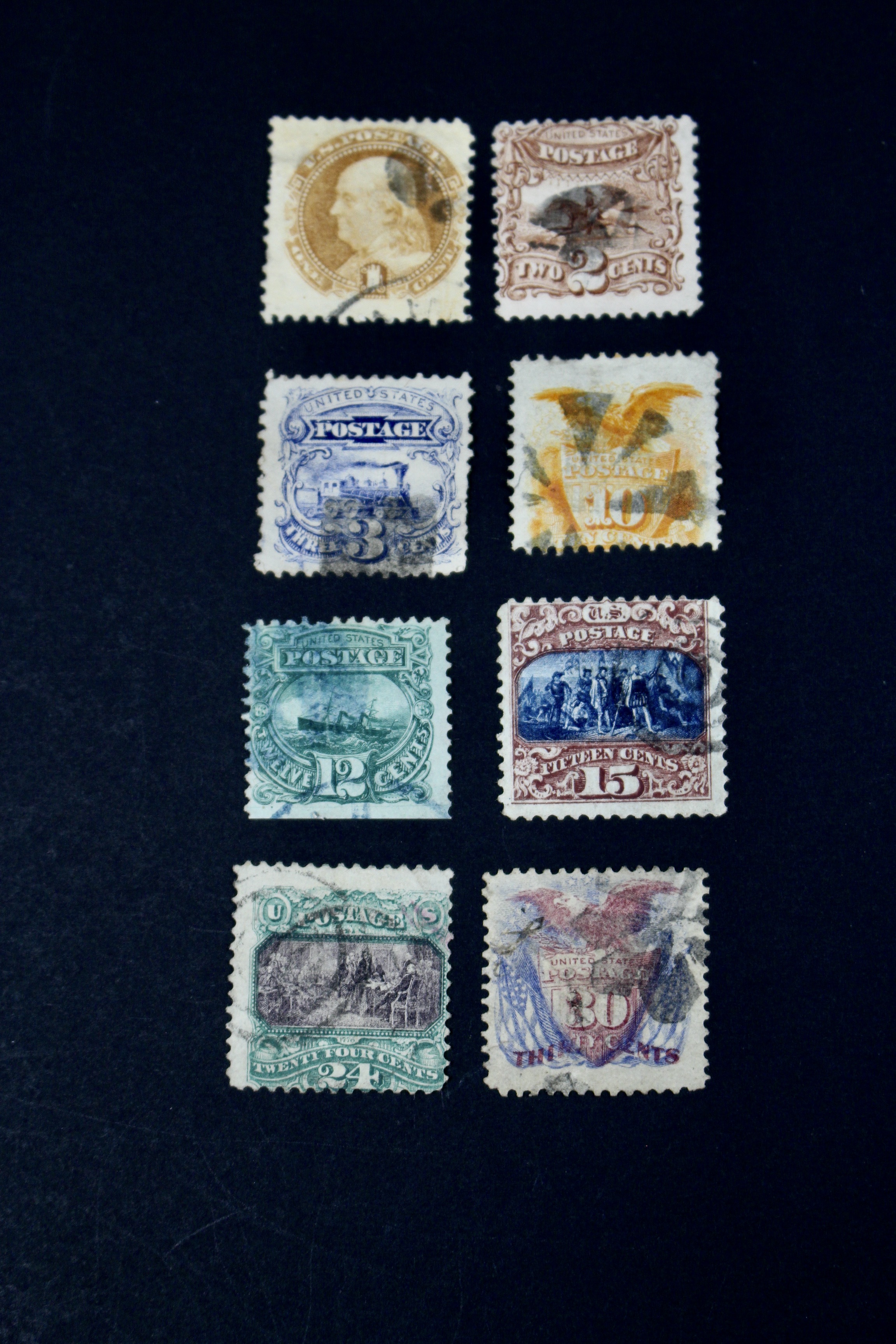 Eight Different 1869 U.S. Pictorial Postage Stamps, Incl. 24-Cent and 30-Cent