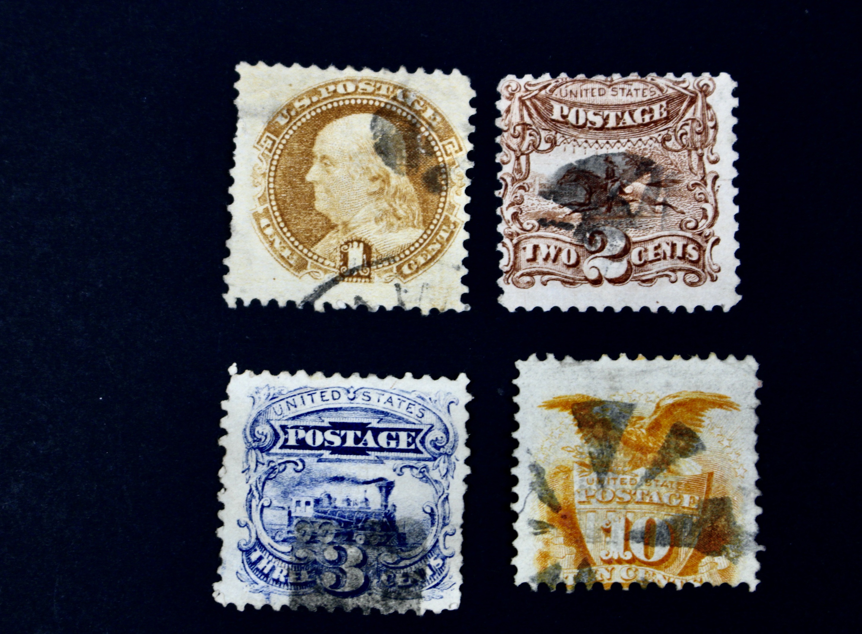 Eight Different 1869 U.S. Pictorial Postage Stamps, Incl. 24-Cent and 30-Cent