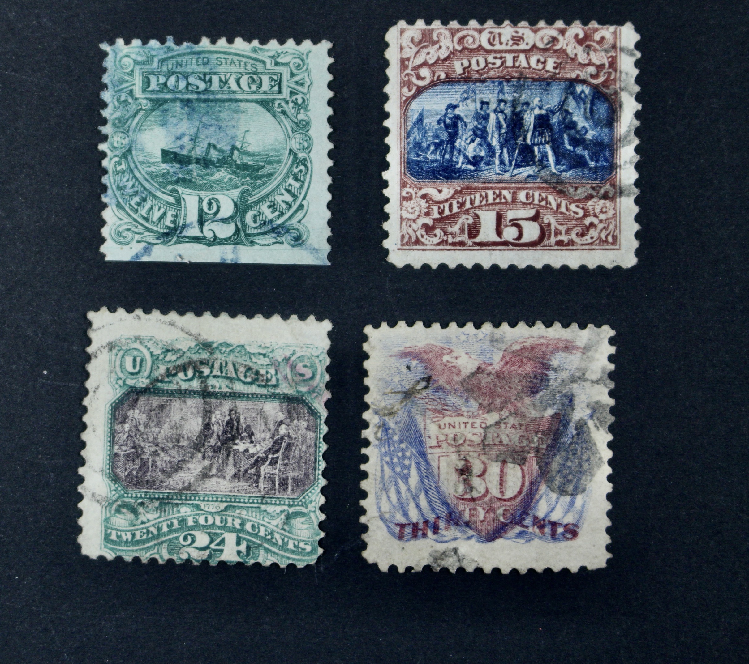 Eight Different 1869 U.S. Pictorial Postage Stamps, Incl. 24-Cent and 30-Cent