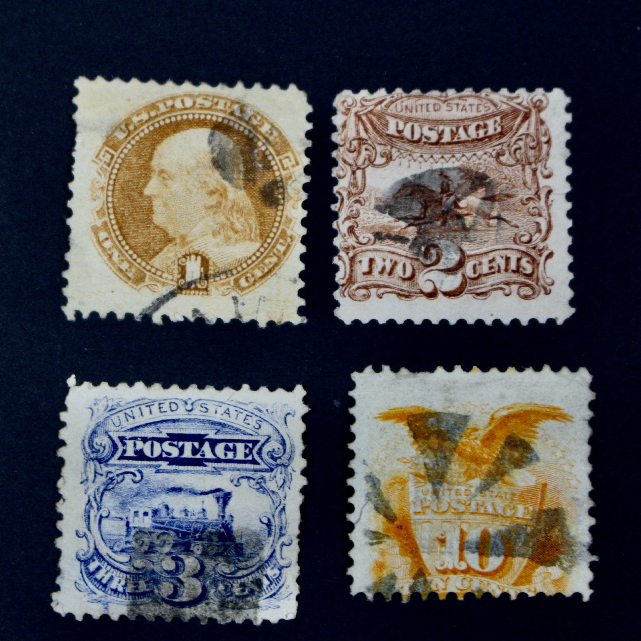 Eight Different 1869 U.S. Pictorial Postage Stamps, Incl. 24-Cent and 30-Cent