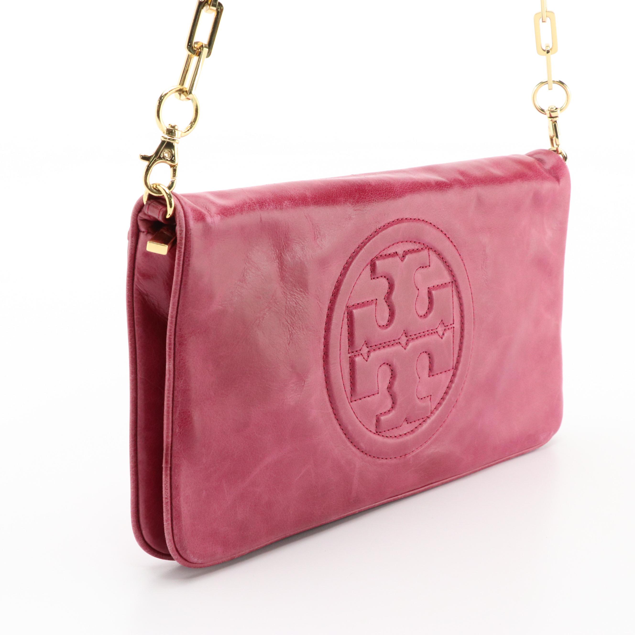 Tory Burch Magenta Leather Bombe Reva Clutch with Chain Strap