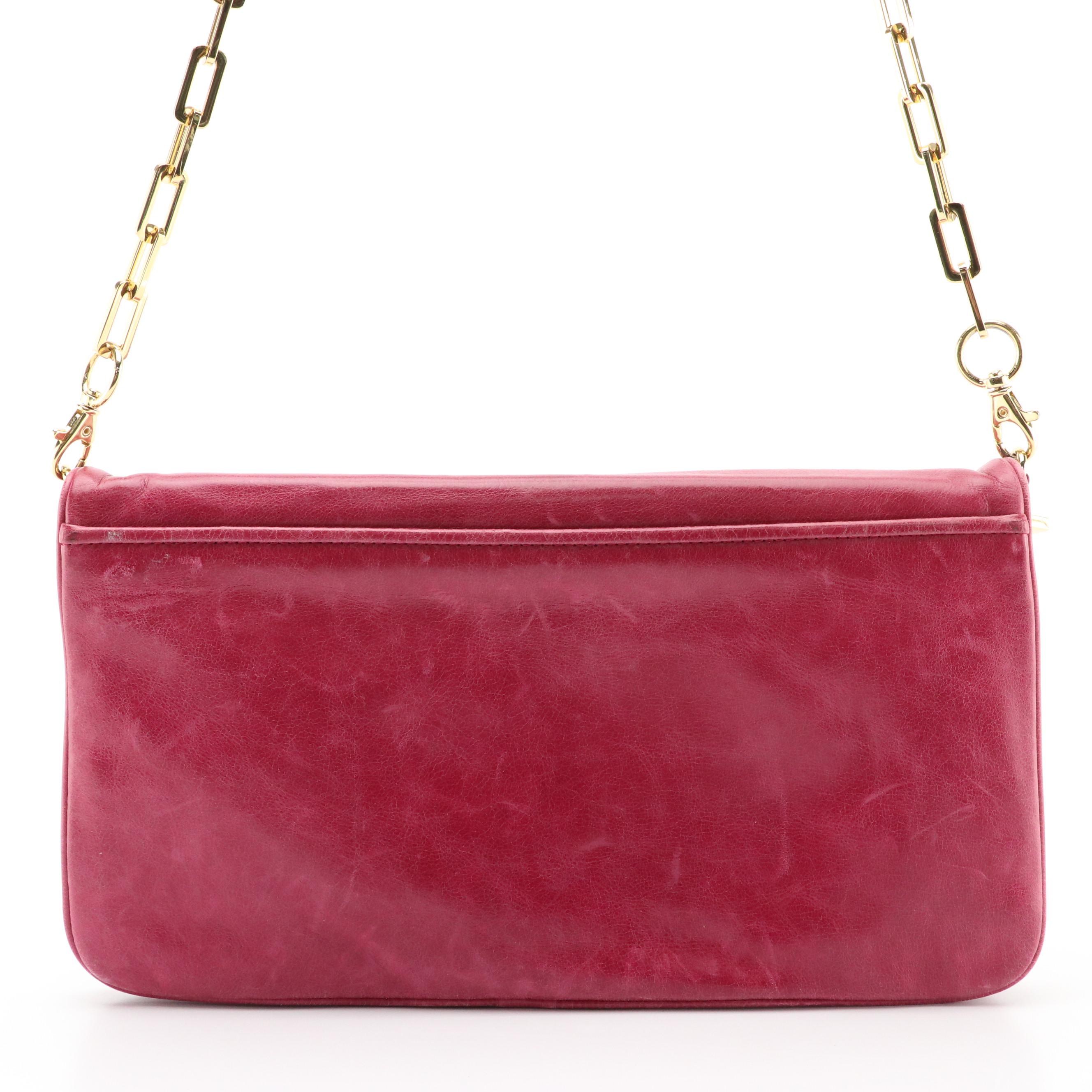 Tory Burch Magenta Leather Bombe Reva Clutch with Chain Strap