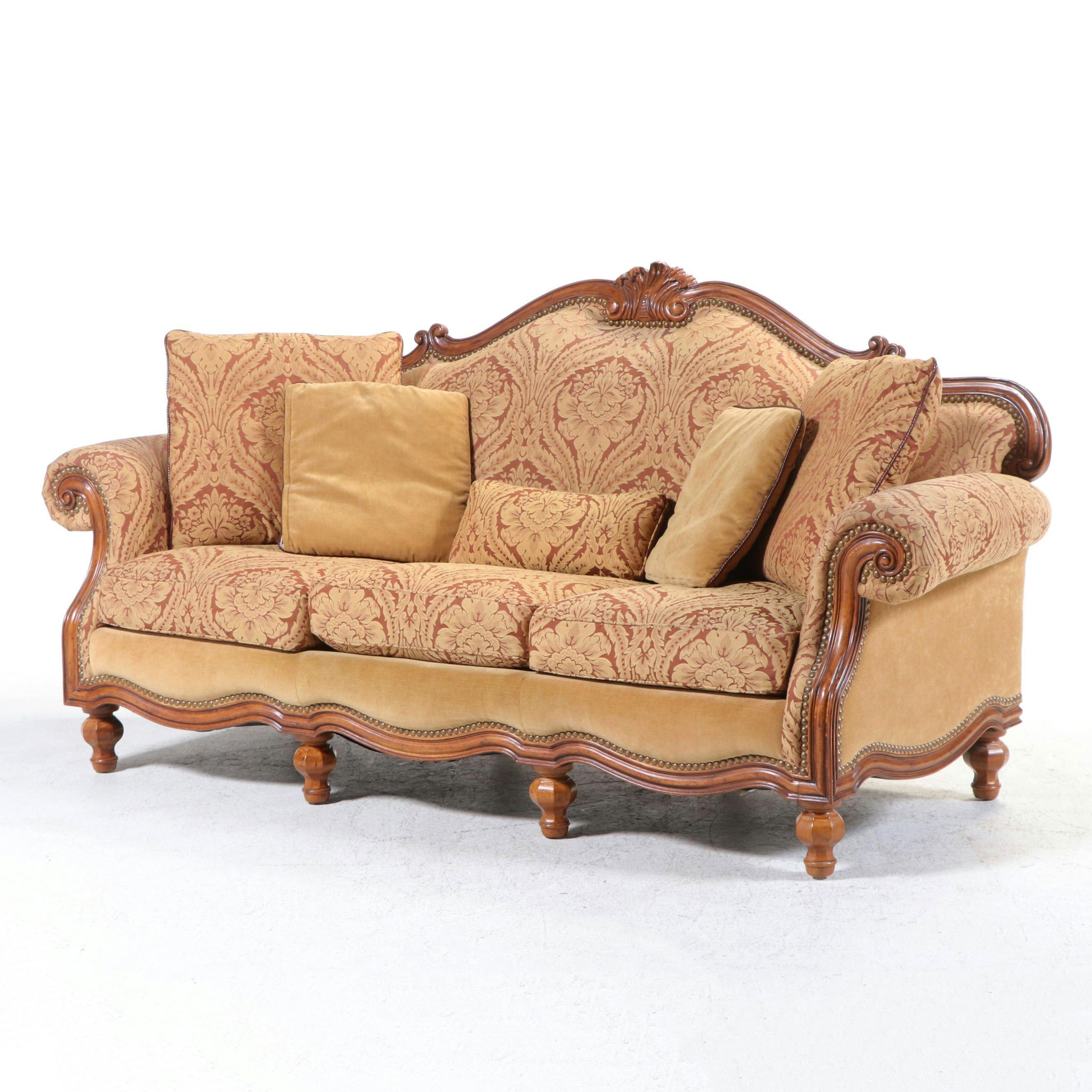 Thomasville French Provincial Style Fruitwood-Stained & Custom-Upholstered Sofa