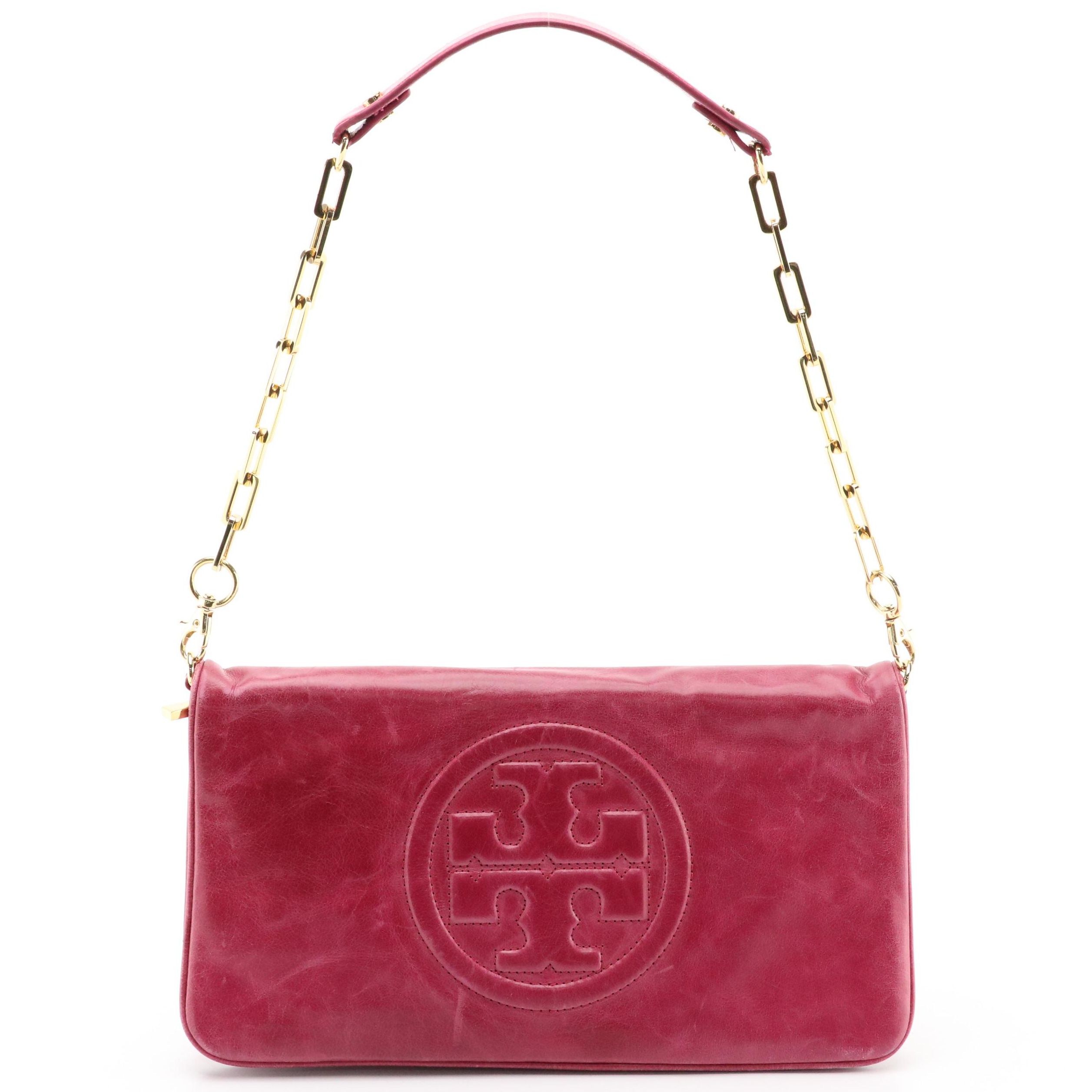 Tory Burch Magenta Leather Bombe Reva Clutch with Chain Strap