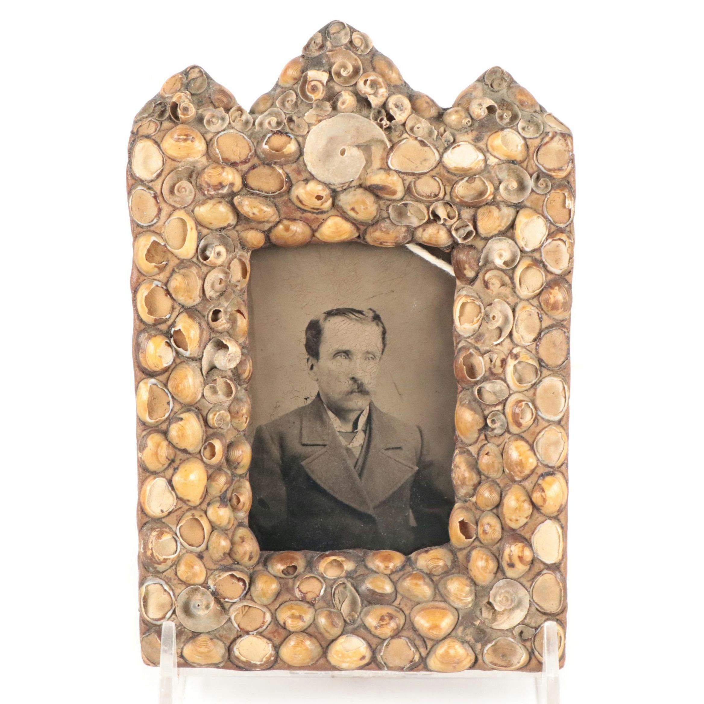 Tintype Portrait of Man in Shell Embellished Frame, Mid-19th Century