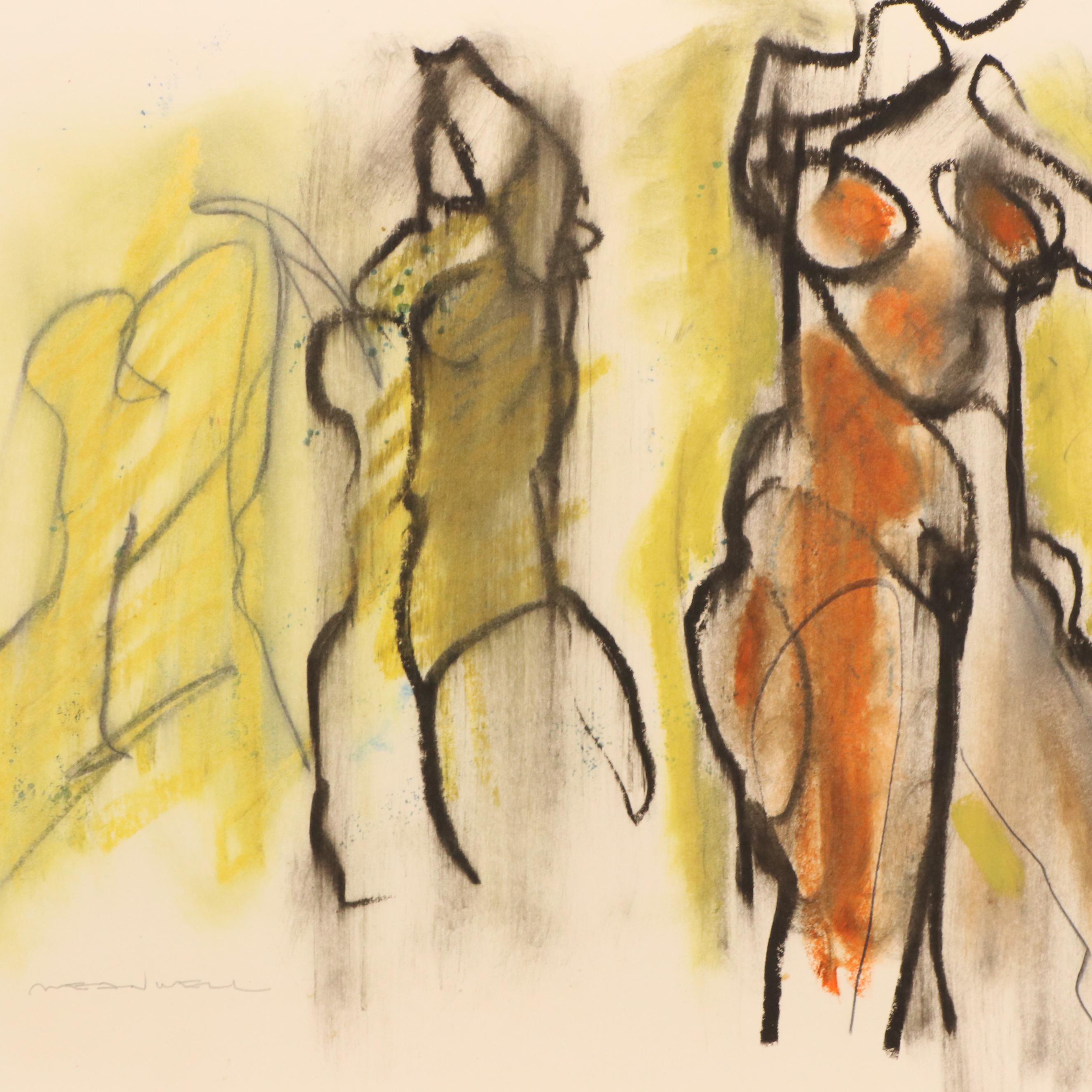 Jack Meanwell Figural Modern Oil Pastel Drawing, Late 20th Century