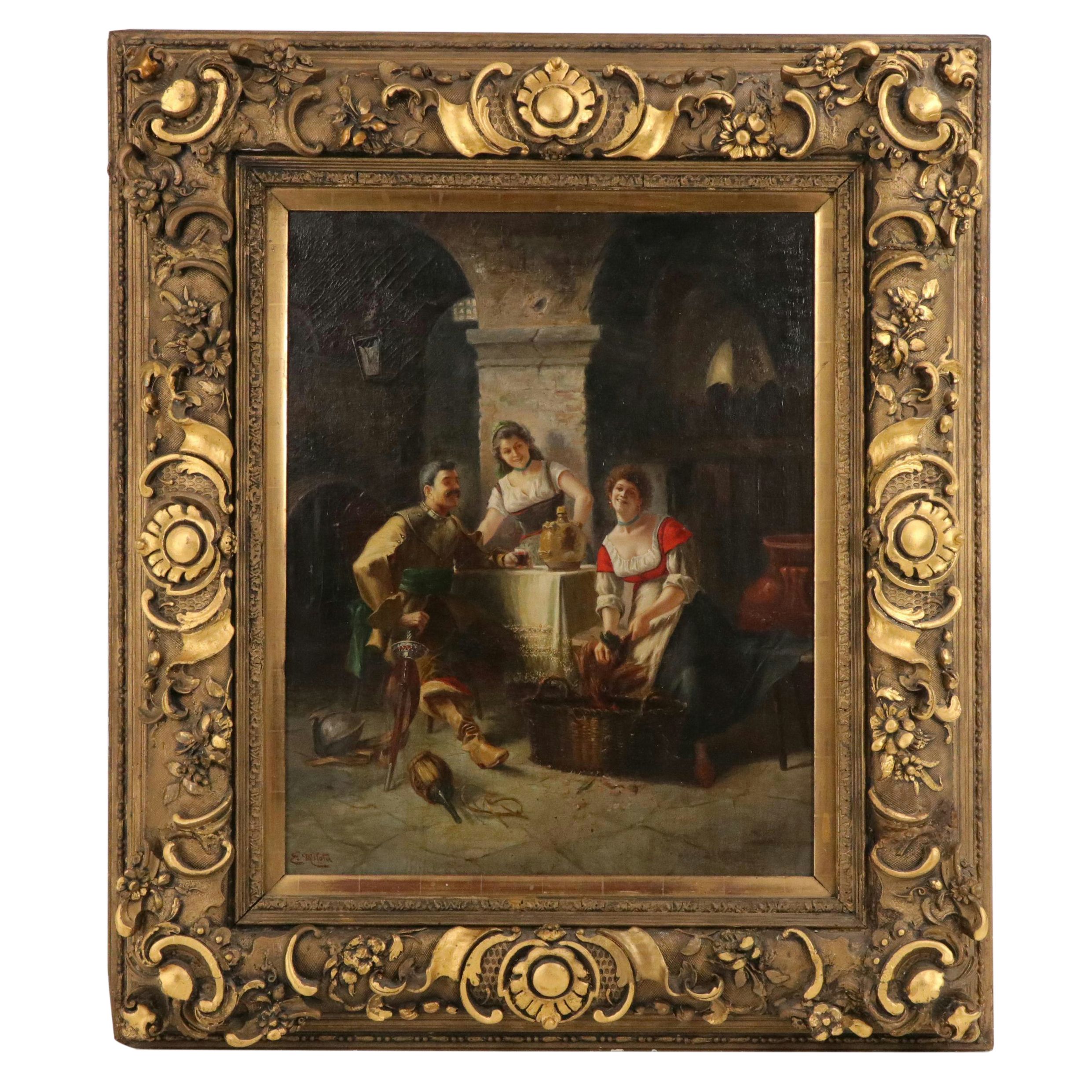 E. Milota Italian School Tavern Genre Oil Painting, Circa 1900
