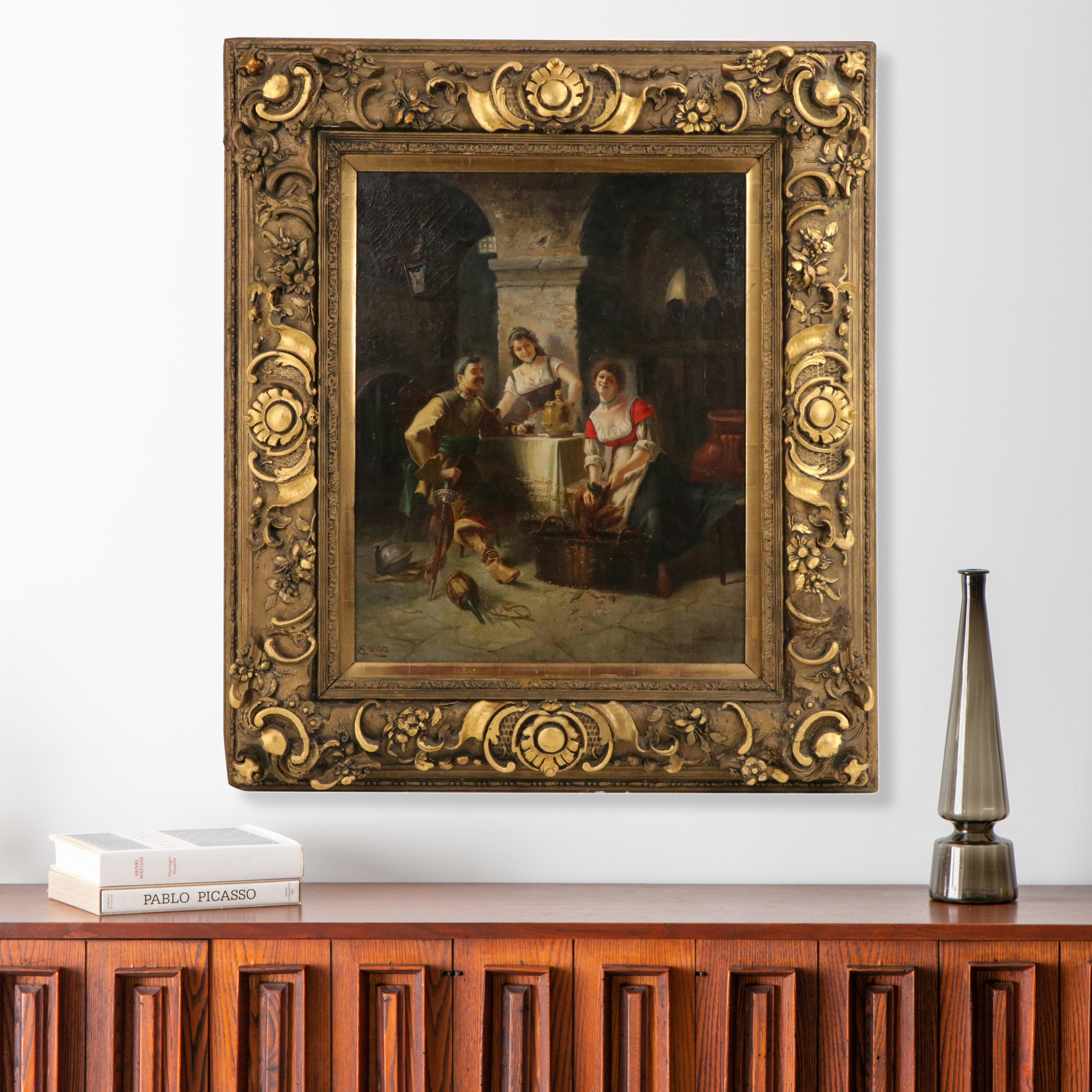 E. Milota Italian School Tavern Genre Oil Painting, Circa 1900