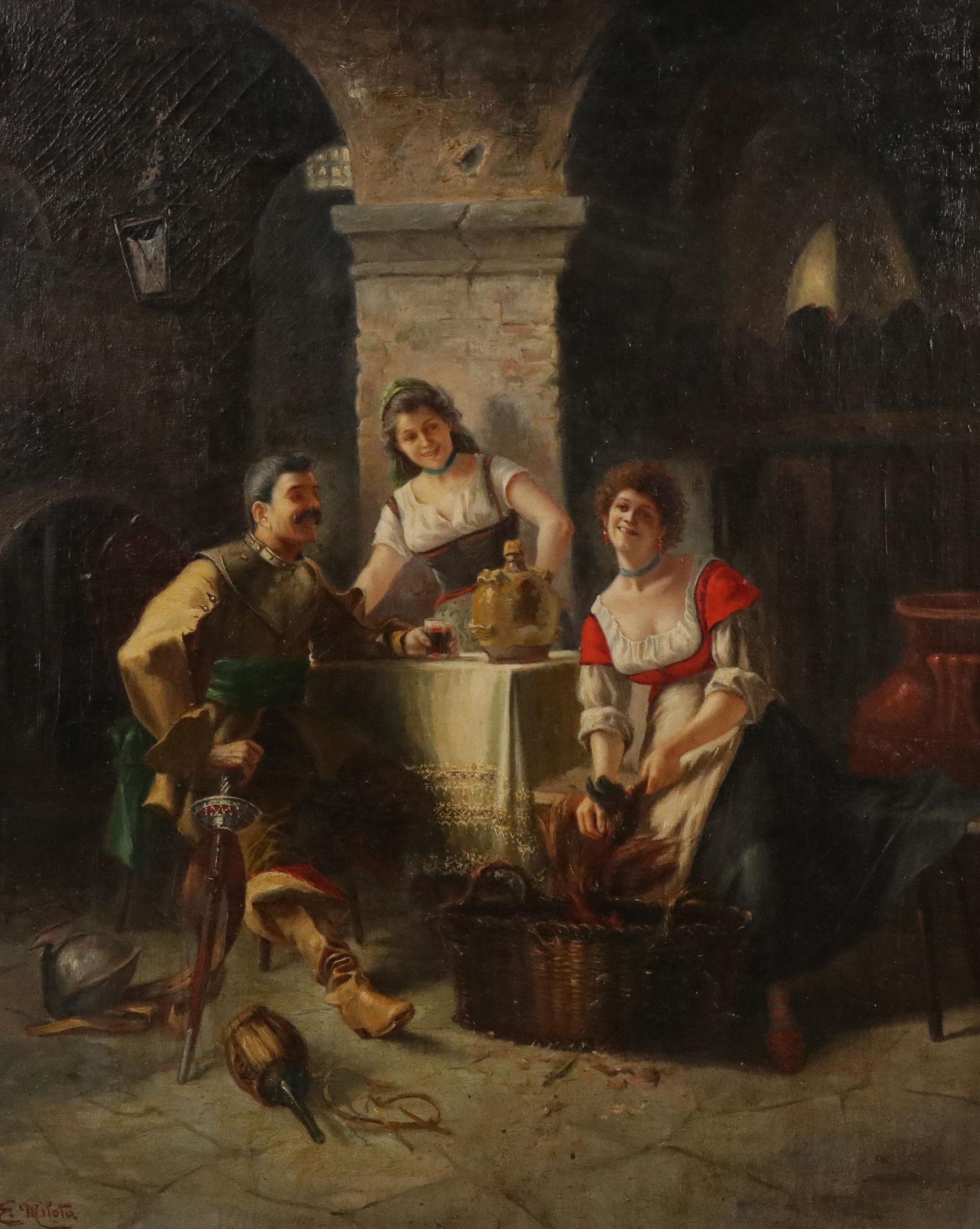 E. Milota Italian School Tavern Genre Oil Painting, Circa 1900