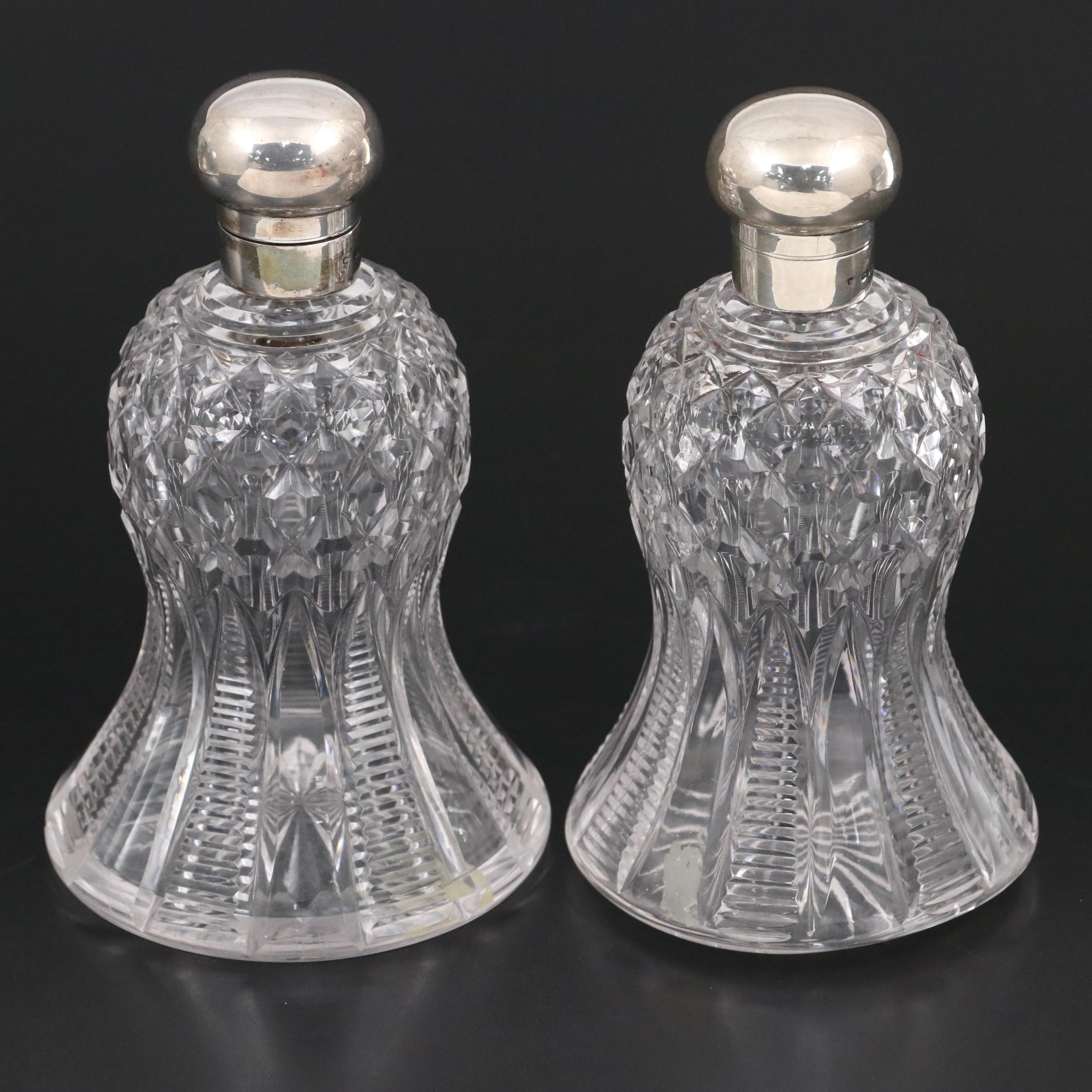 English Edwardian Sterling Silver Capped Bell Shaped Cut Glass Bottles,  1914