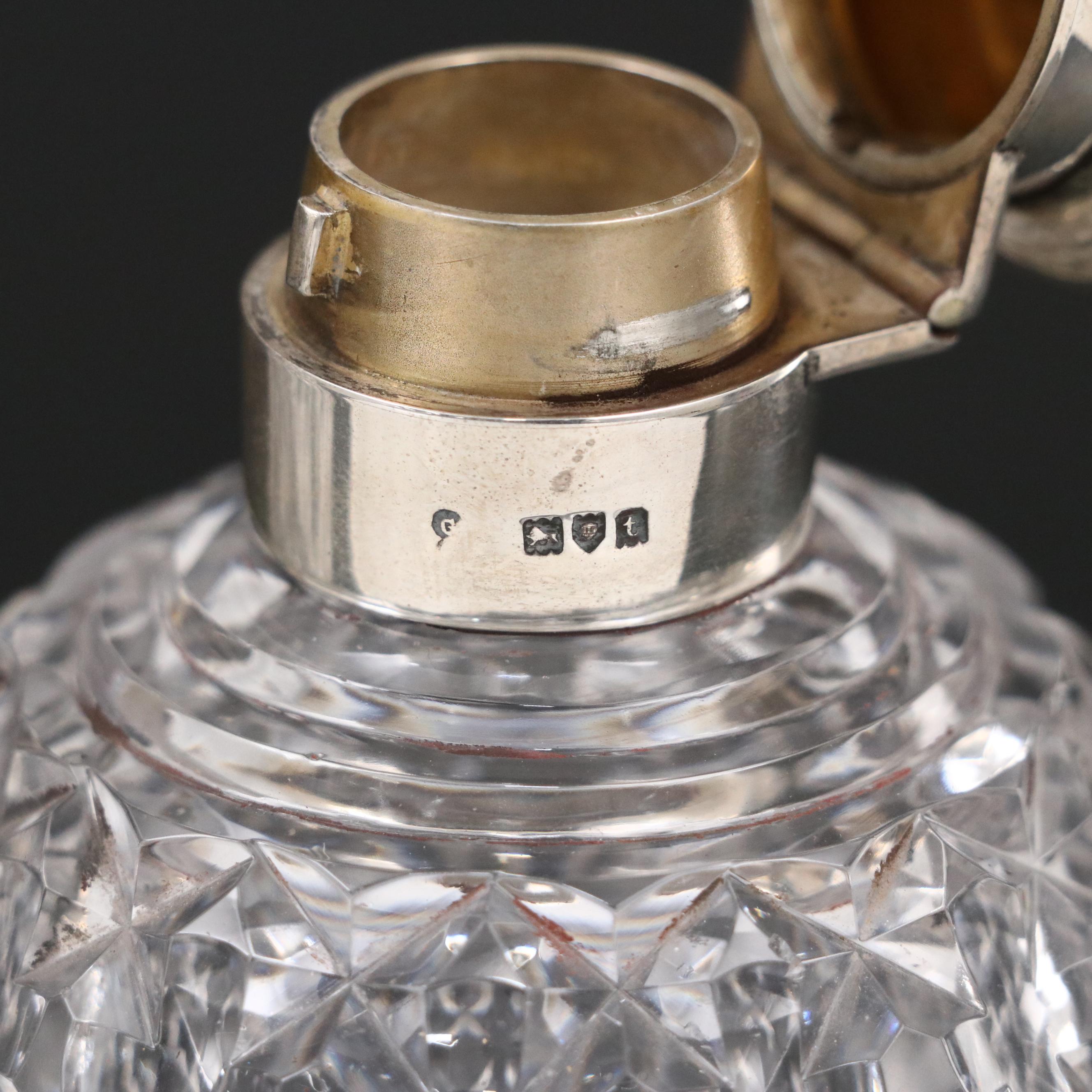 English Edwardian Sterling Silver Capped Bell Shaped Cut Glass Bottles,  1914