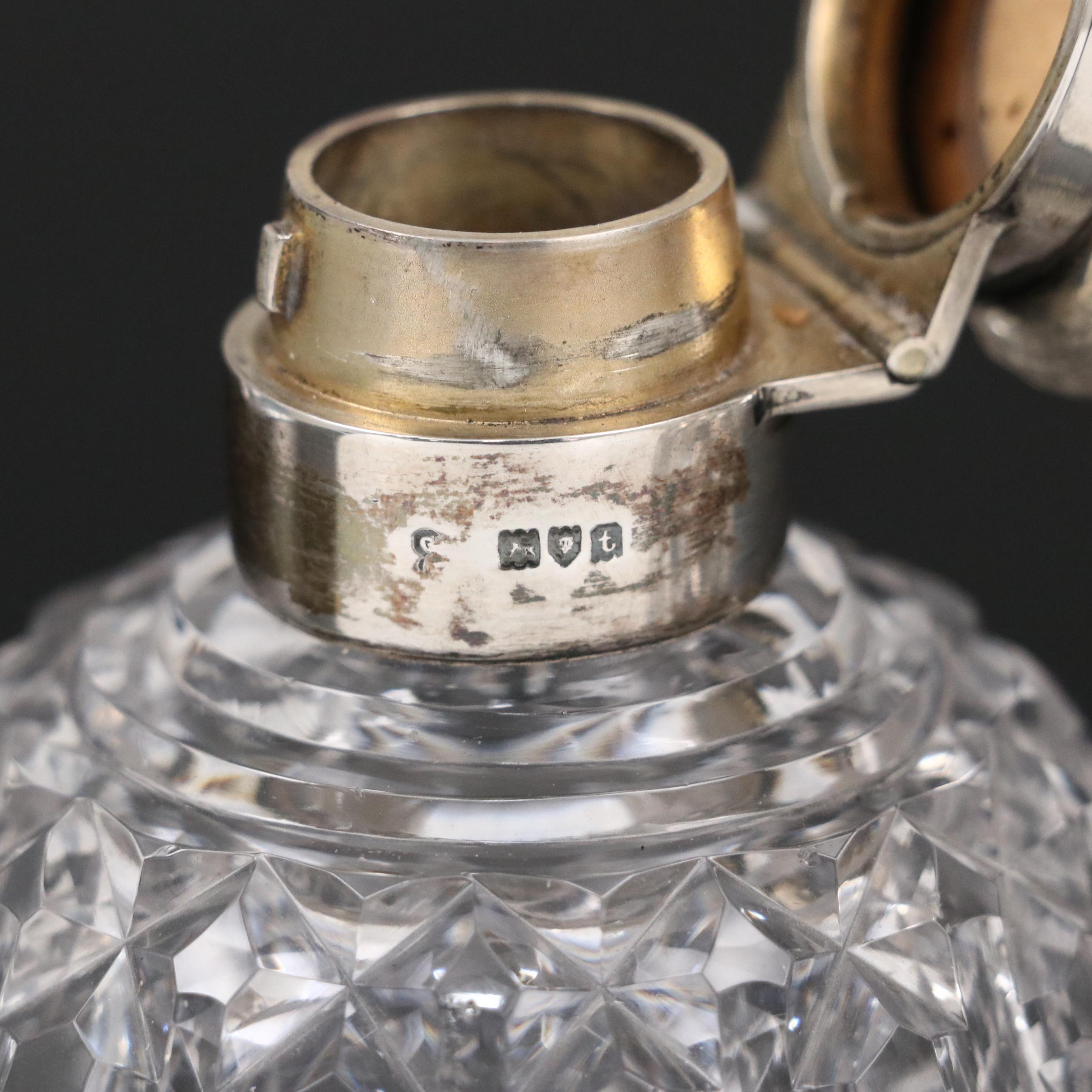 English Edwardian Sterling Silver Capped Bell Shaped Cut Glass Bottles,  1914