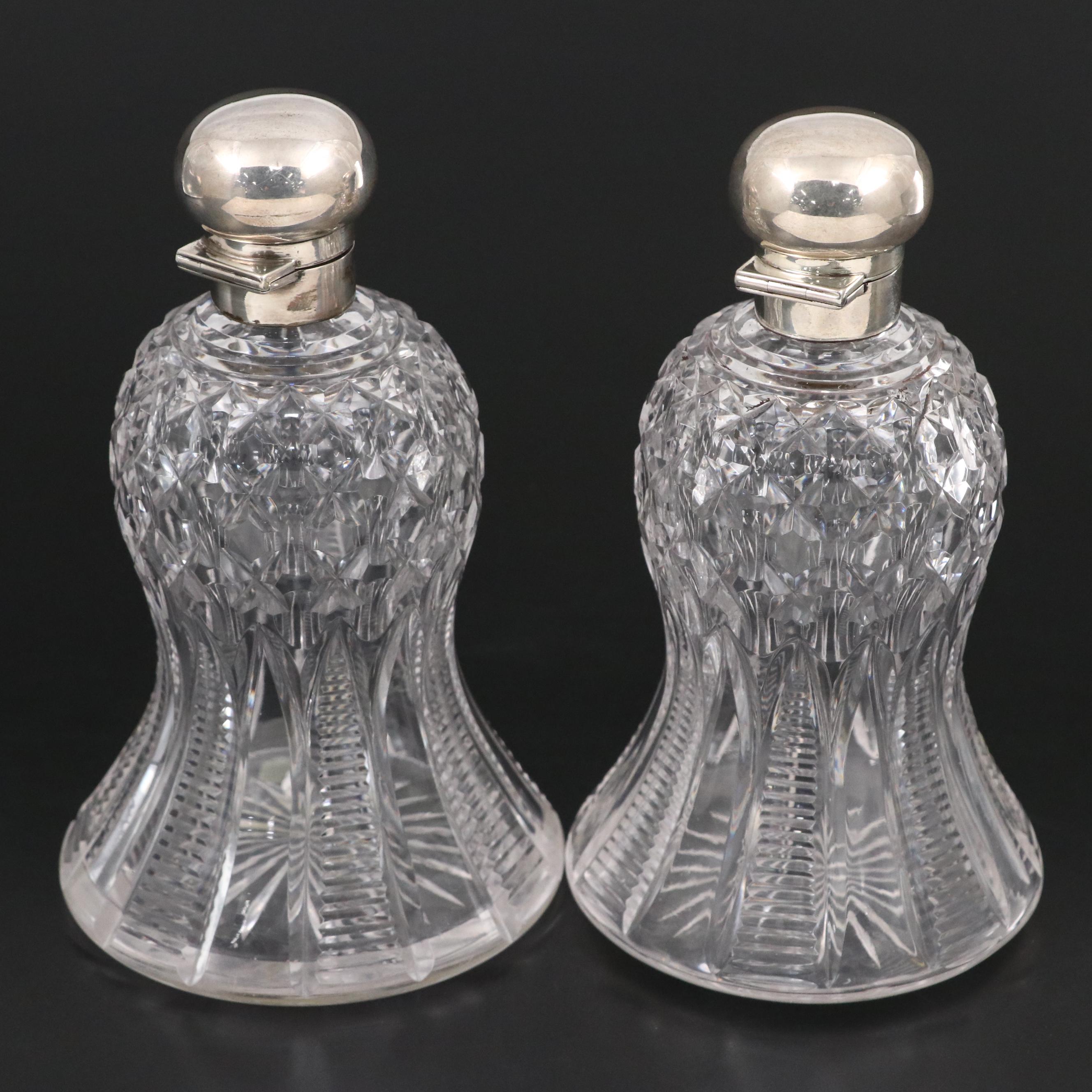English Edwardian Sterling Silver Capped Bell Shaped Cut Glass Bottles,  1914
