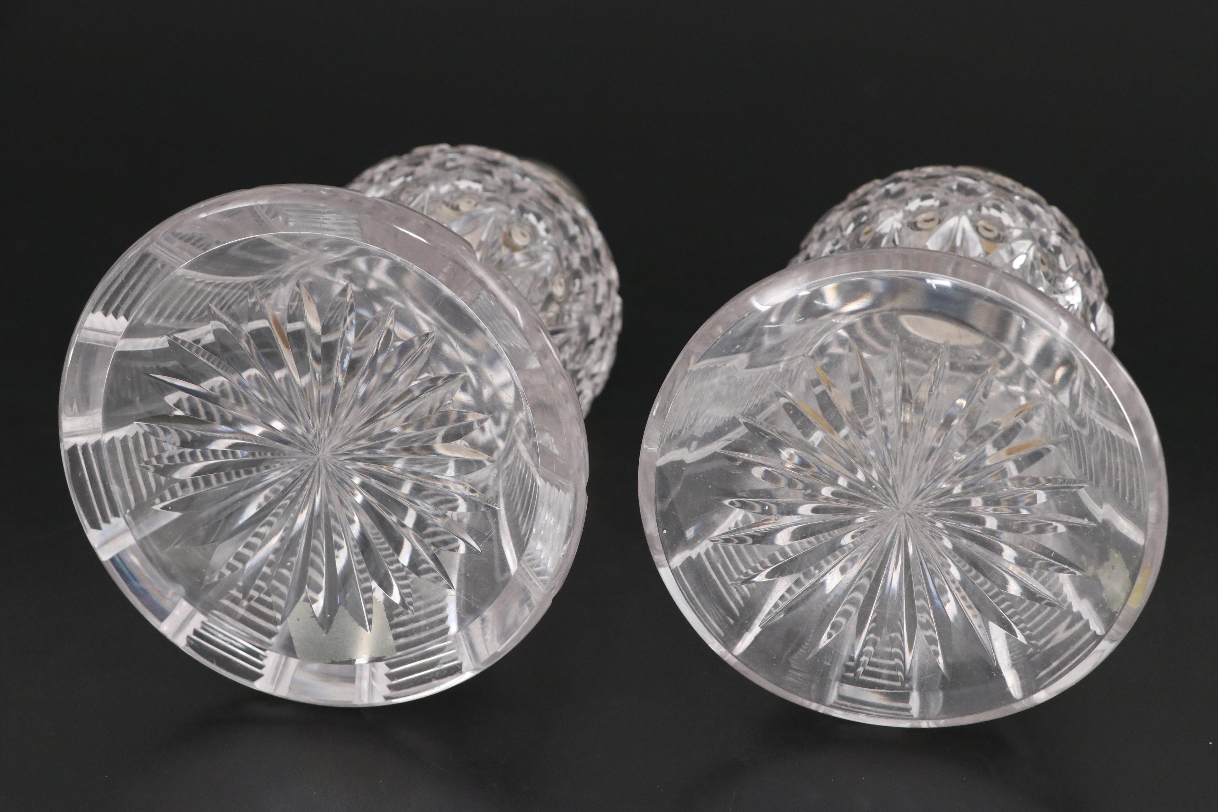 English Edwardian Sterling Silver Capped Bell Shaped Cut Glass Bottles,  1914