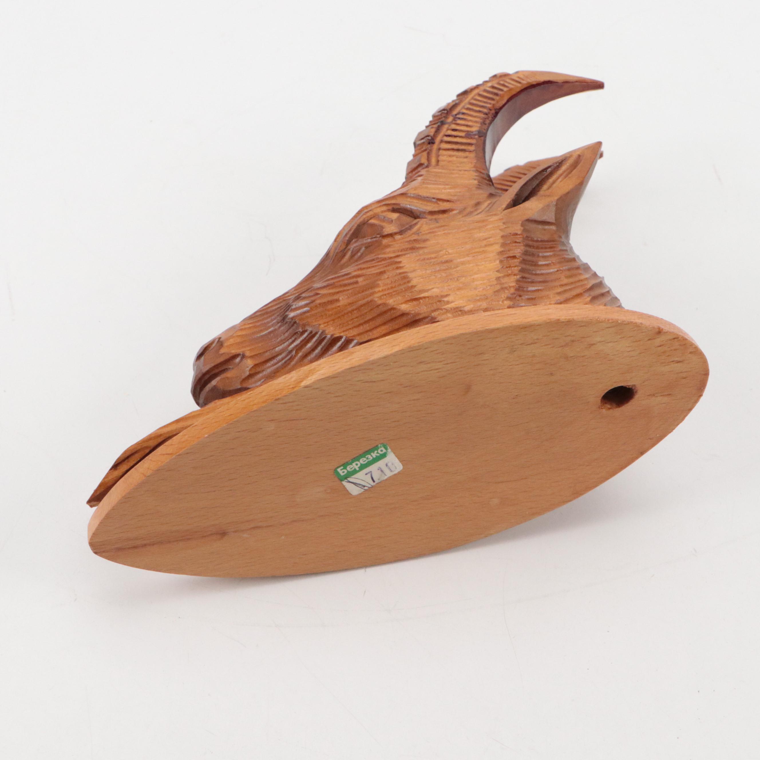 Russian Hand-Carved Wood Goat Head Wall Hanging