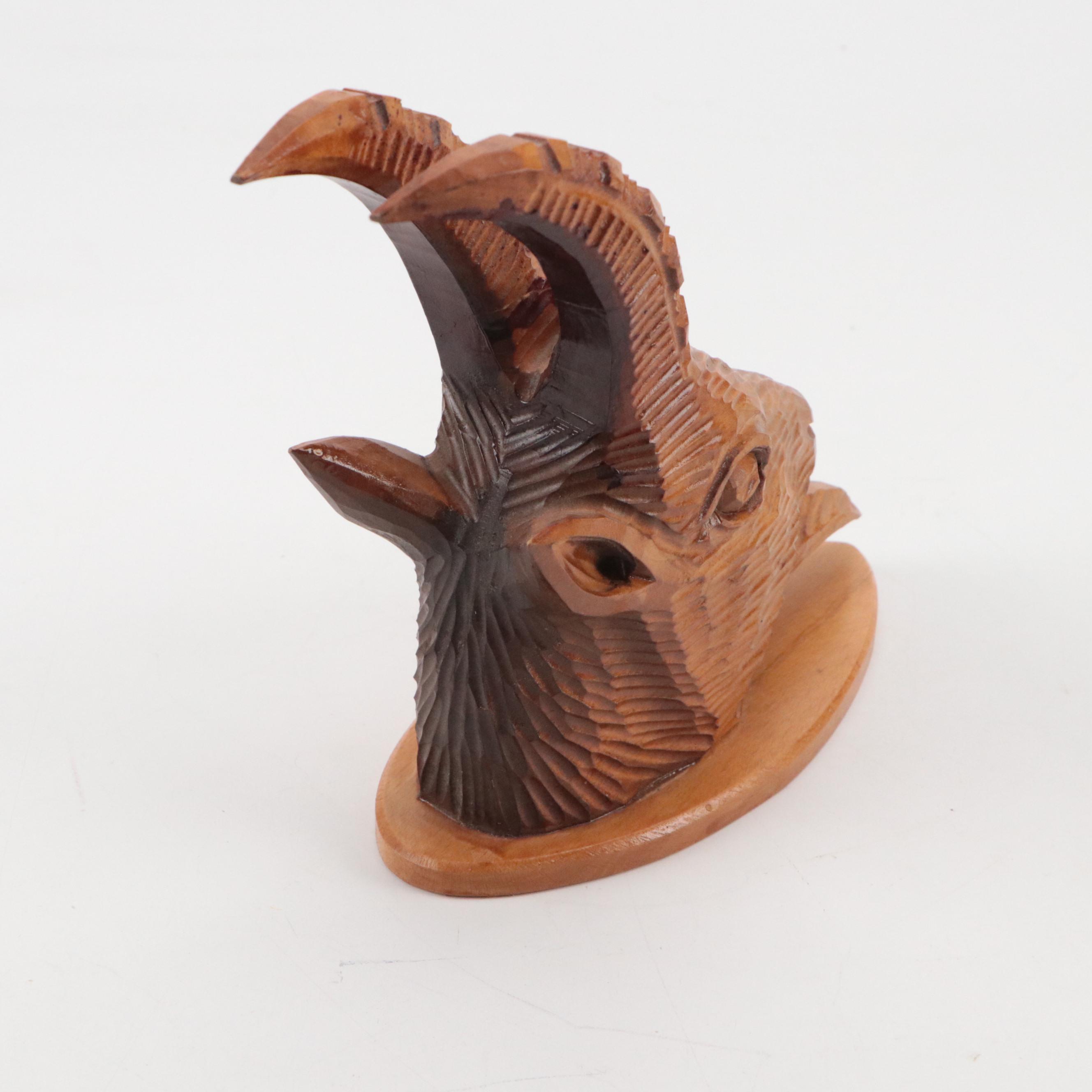 Russian Hand-Carved Wood Goat Head Wall Hanging
