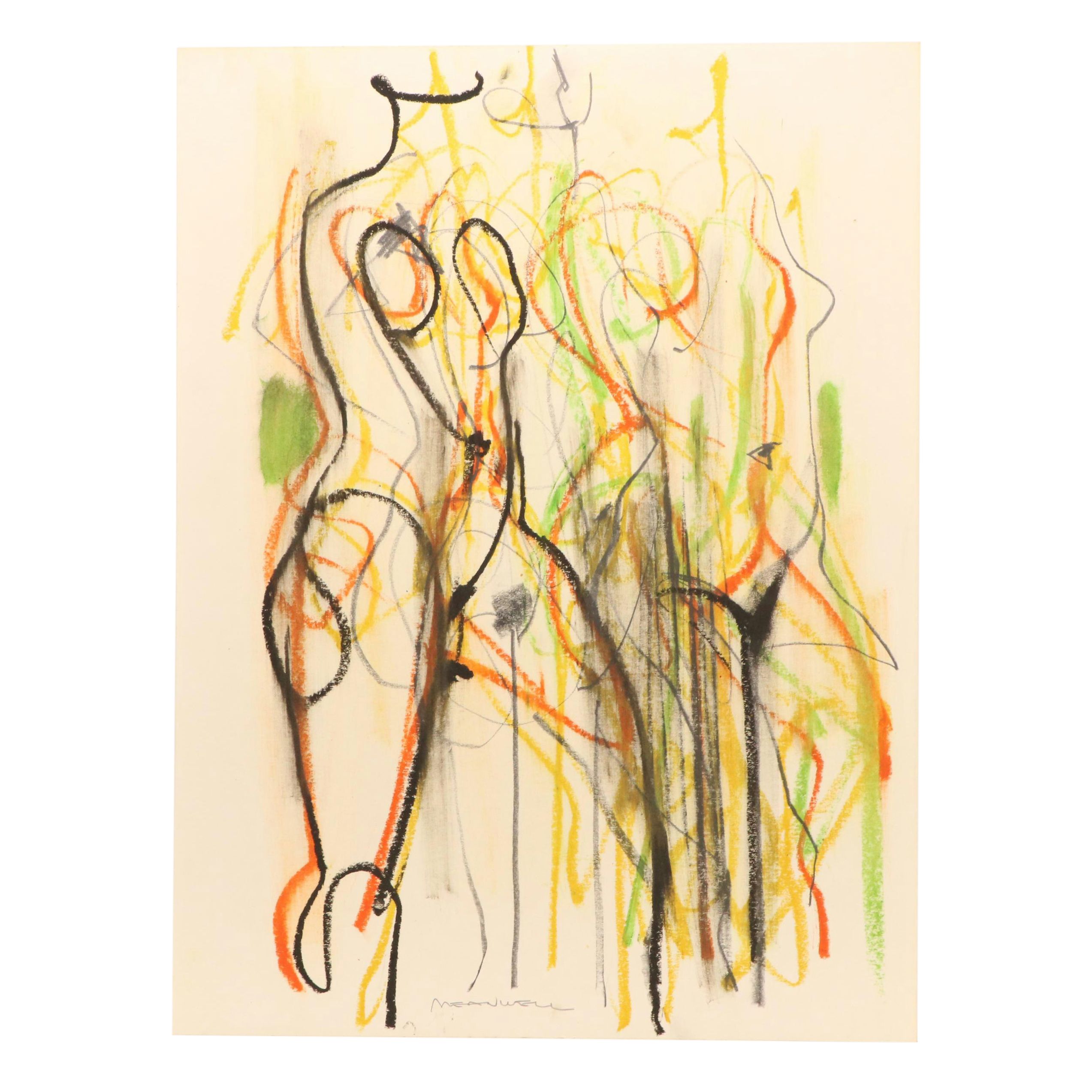 Jack Meanwell Figural Modern Oil Pastel Drawing, Late 20th Century