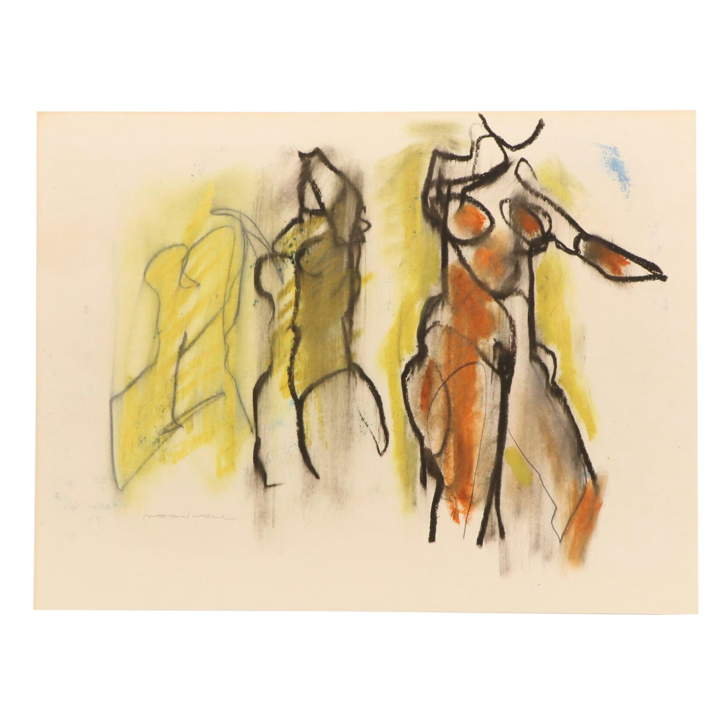 Jack Meanwell Figural Modern Oil Pastel Drawing, Late 20th Century