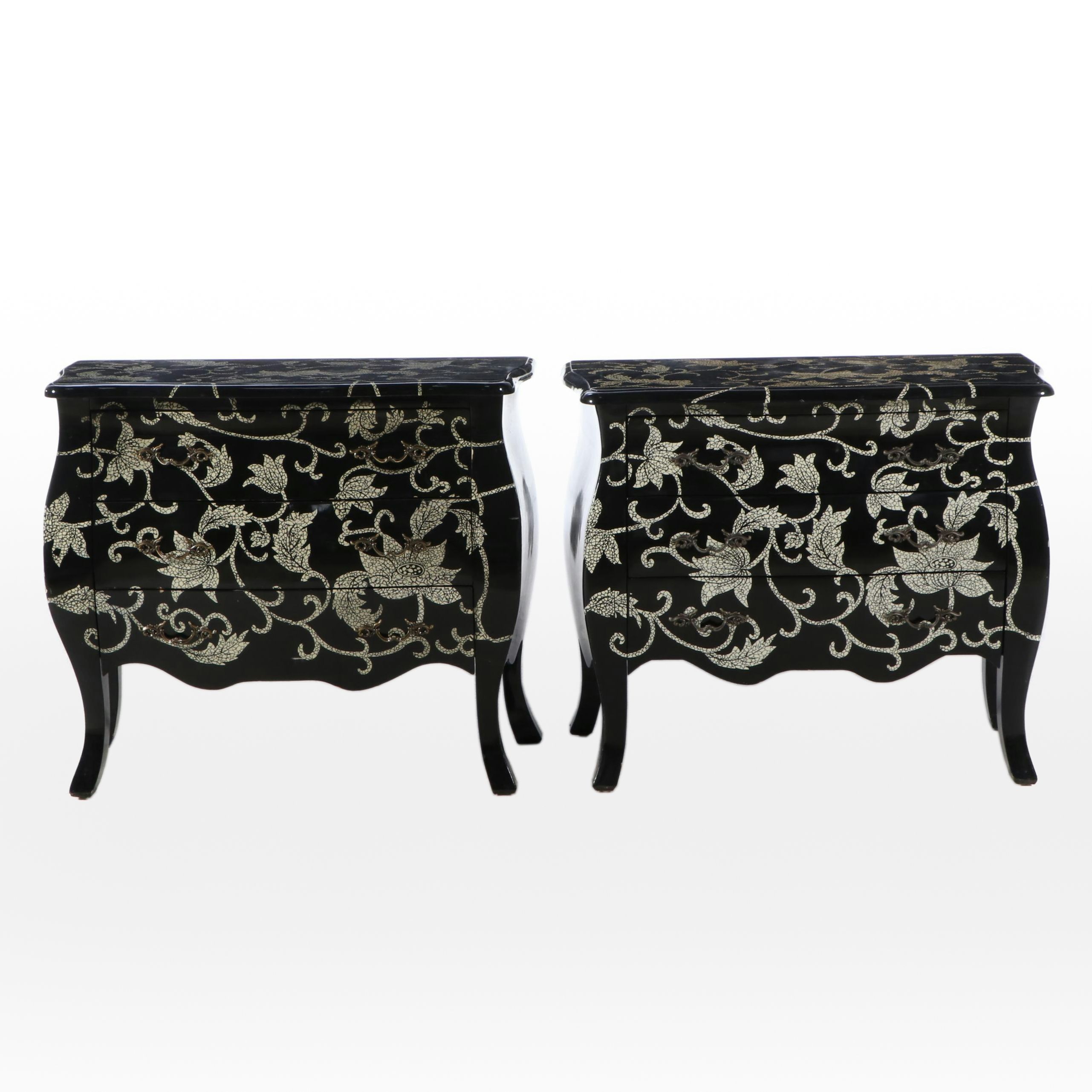 Pair of Coast to Coast Imports Louis XV Style Bombé Commodes in Lacquered Finish