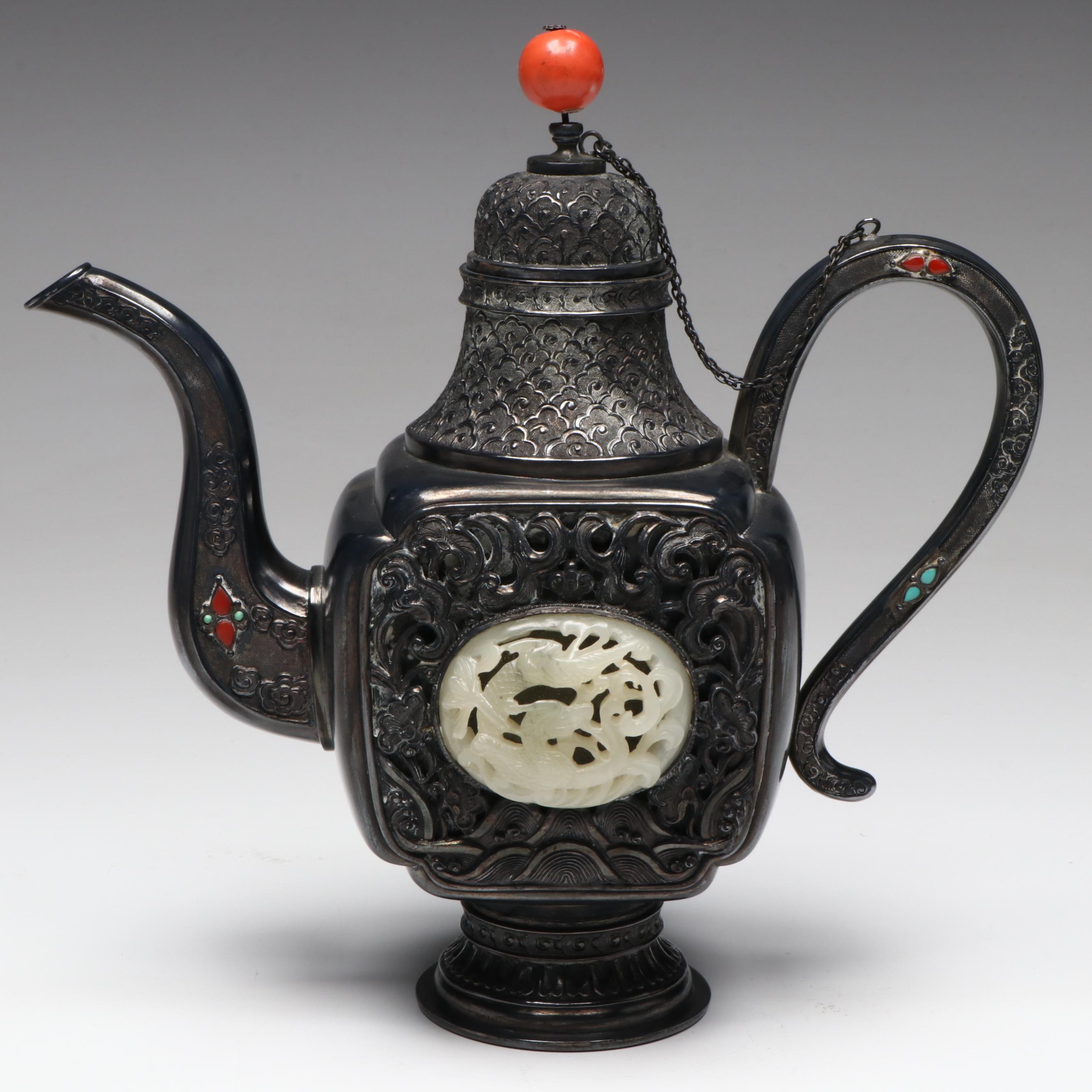 Chinese Silver Plate, Serpentine, Coral and Turquoise Ewer, Antique