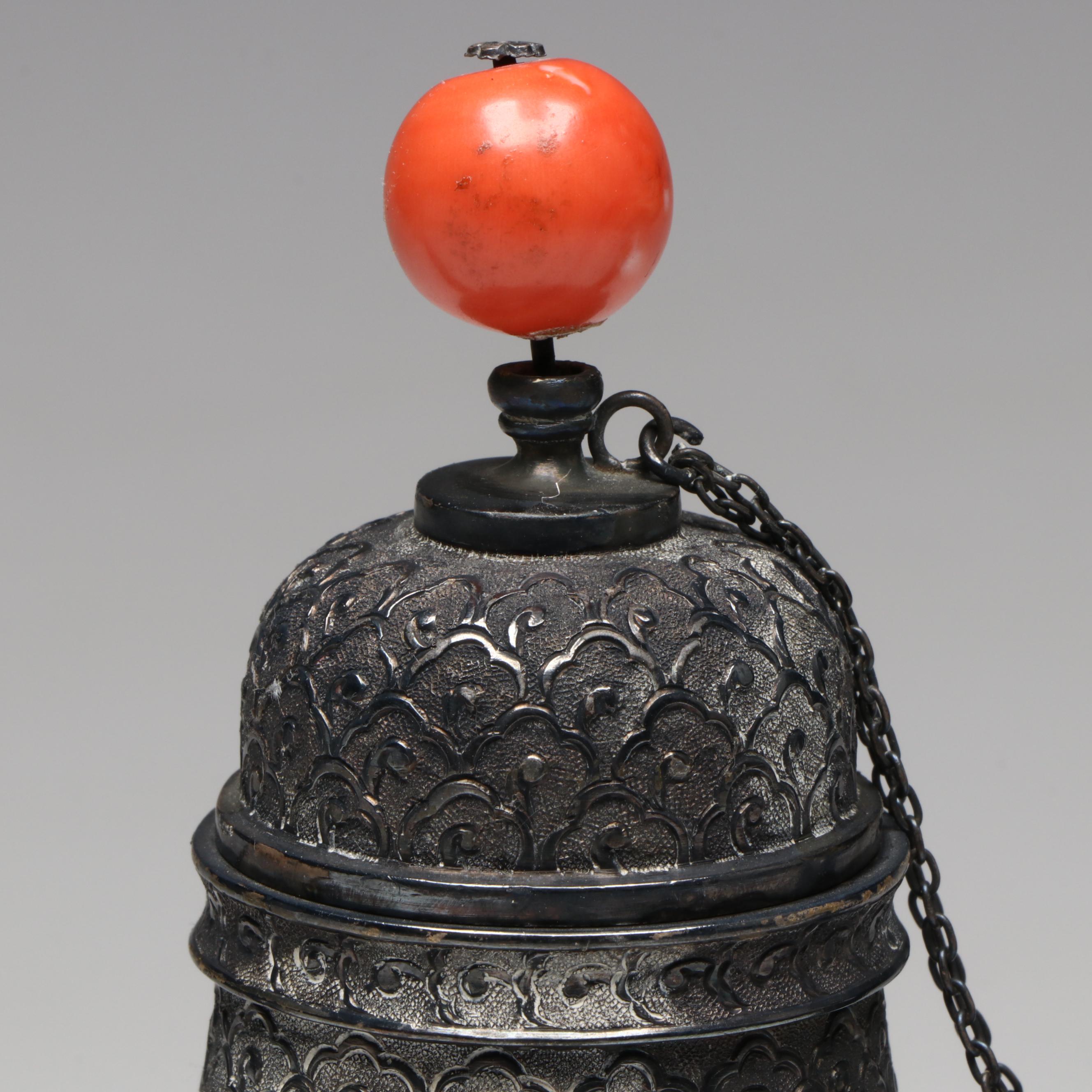 Chinese Silver Plate, Serpentine, Coral and Turquoise Ewer, Antique