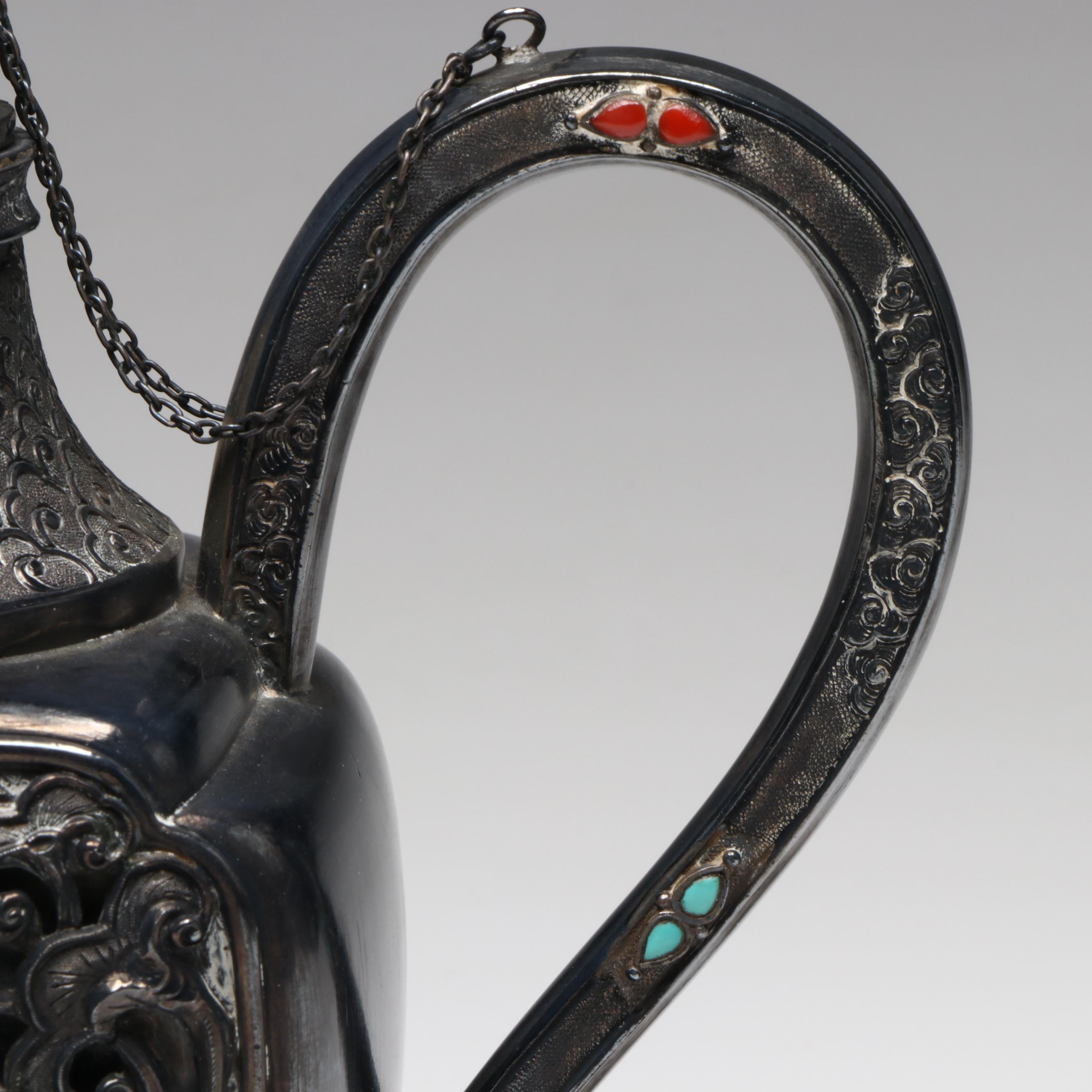 Chinese Silver Plate, Serpentine, Coral and Turquoise Ewer, Antique