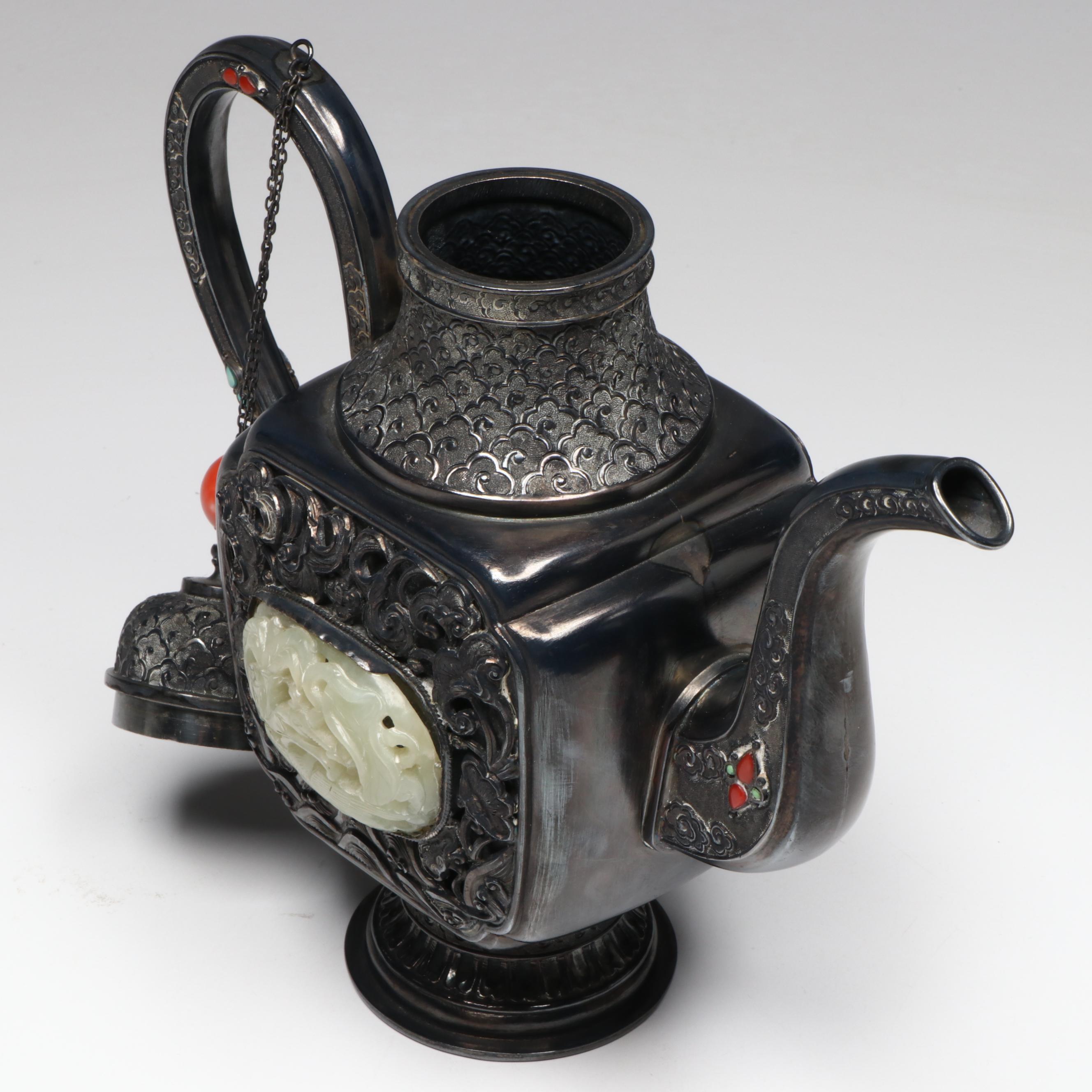 Chinese Silver Plate, Serpentine, Coral and Turquoise Ewer, Antique
