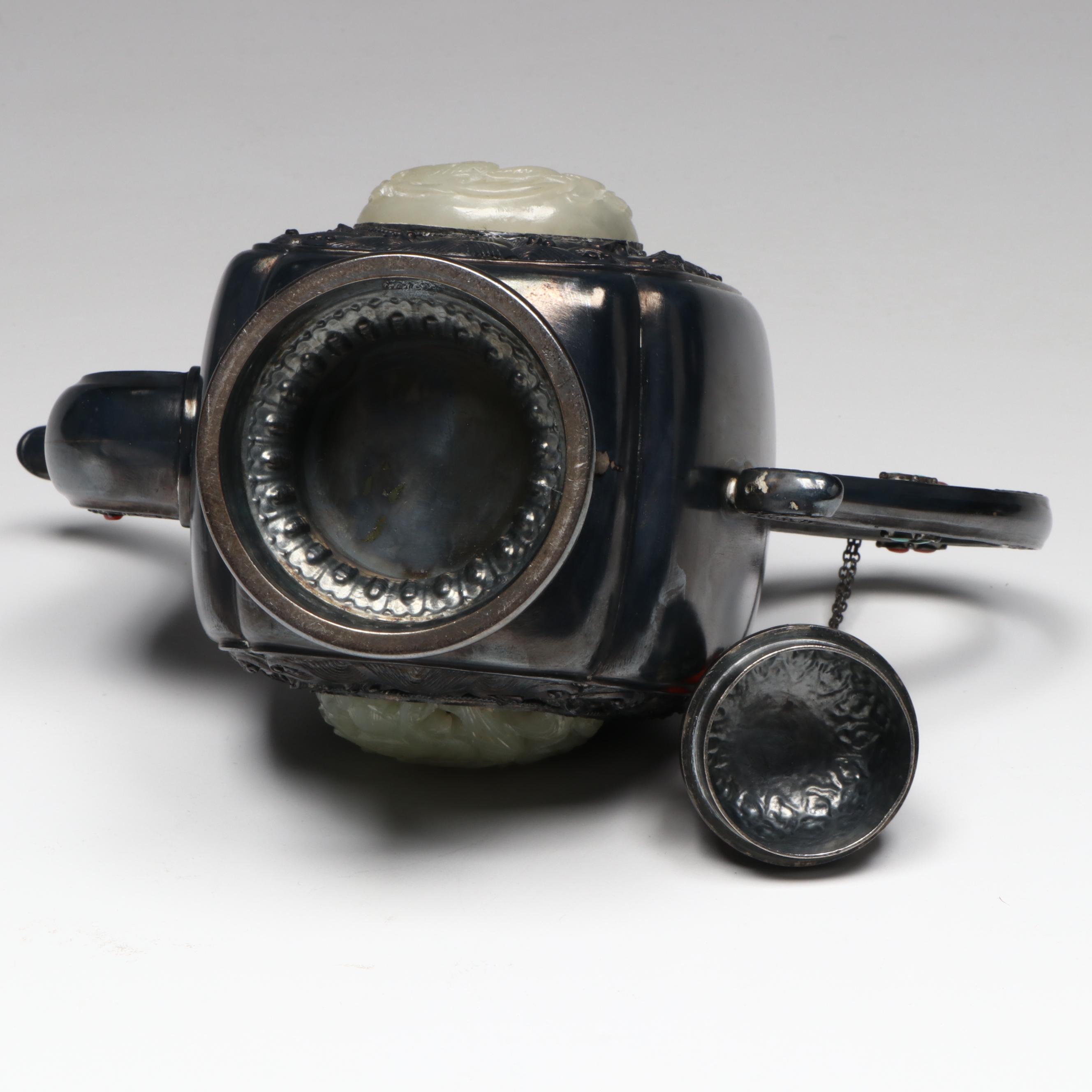 Chinese Silver Plate, Serpentine, Coral and Turquoise Ewer, Antique