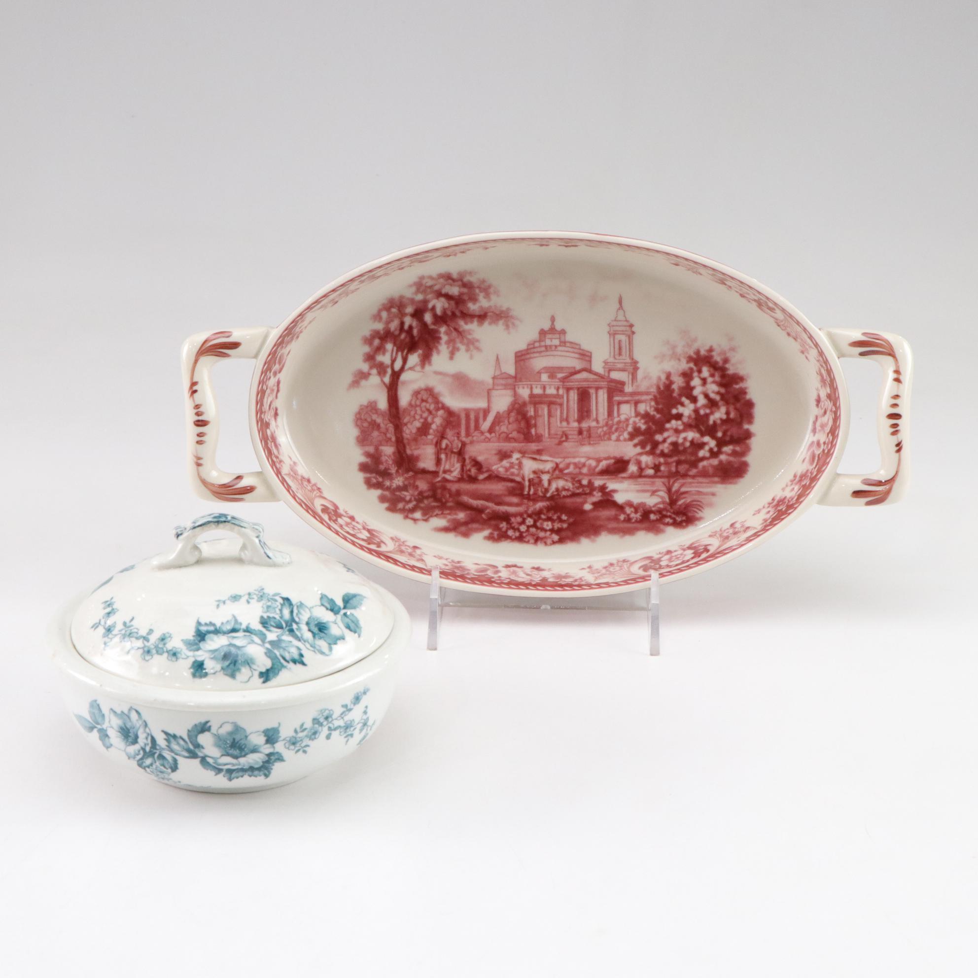 English Transferware "Anemone" Soap Dish with Red Handled Serving Dish