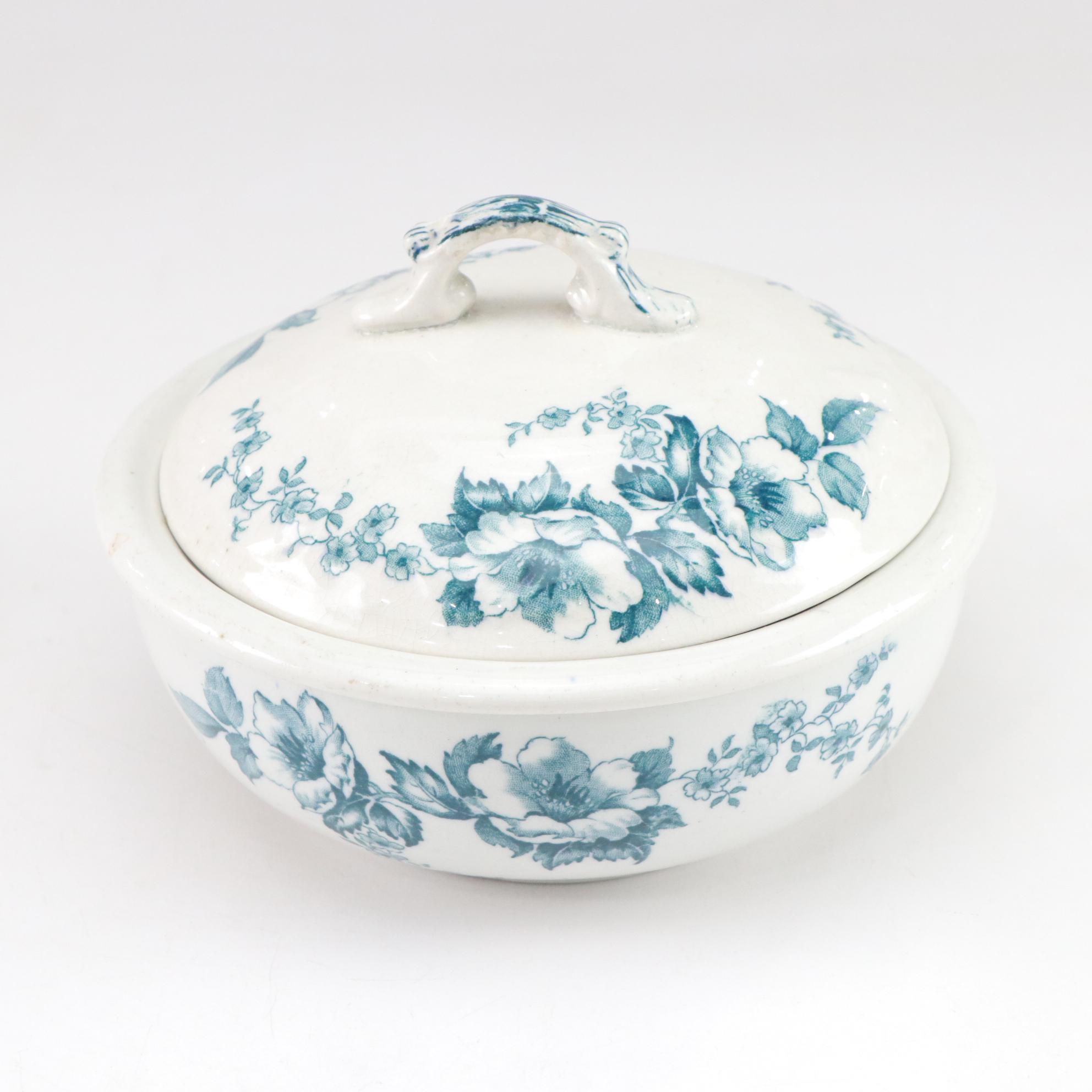 English Transferware "Anemone" Soap Dish with Red Handled Serving Dish