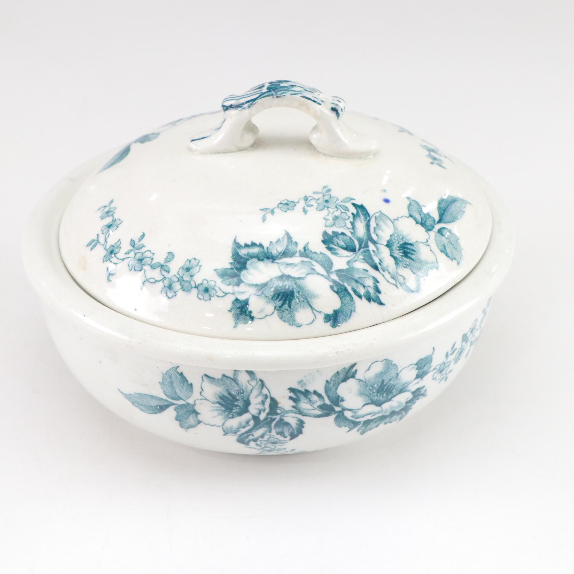 English Transferware "Anemone" Soap Dish with Red Handled Serving Dish