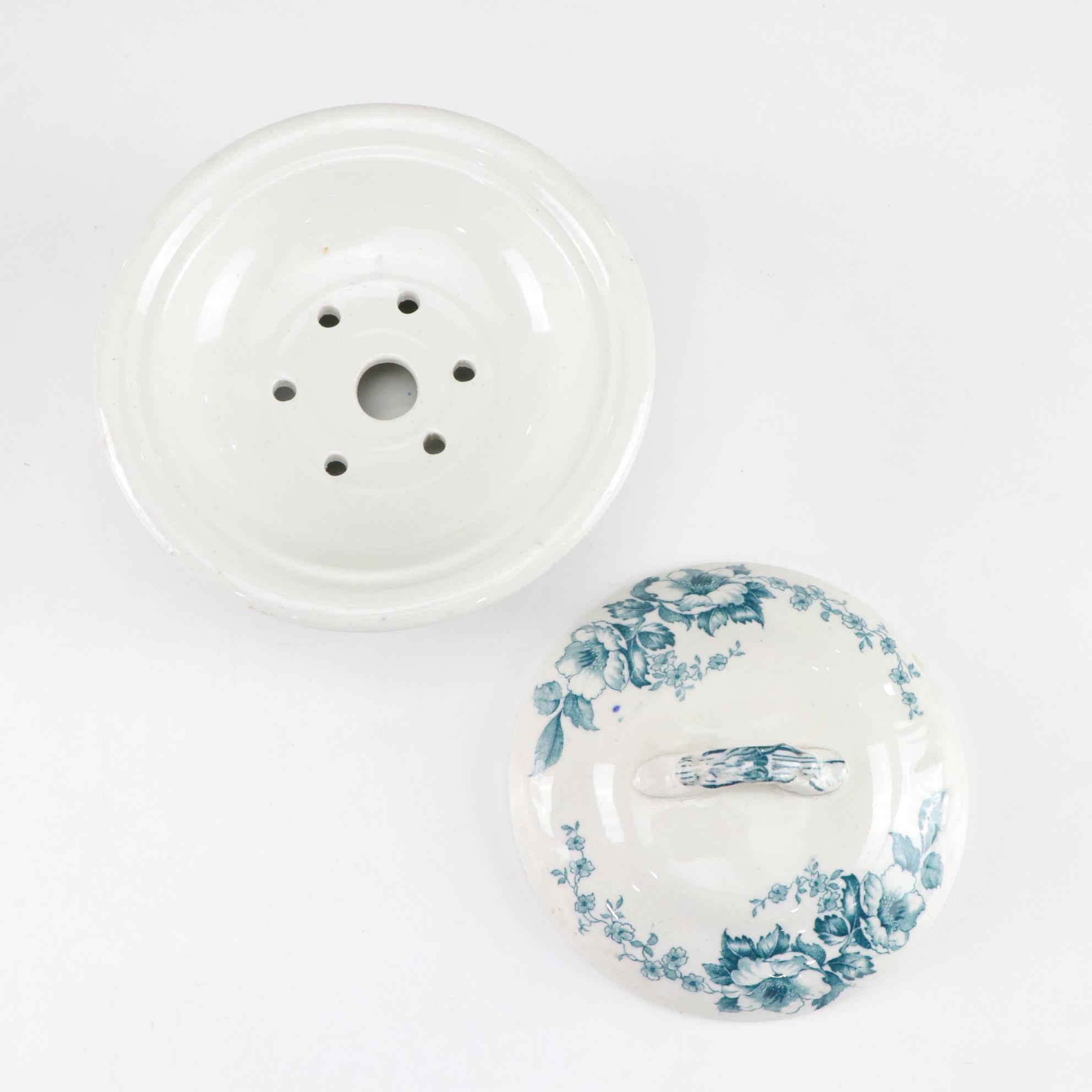 English Transferware "Anemone" Soap Dish with Red Handled Serving Dish