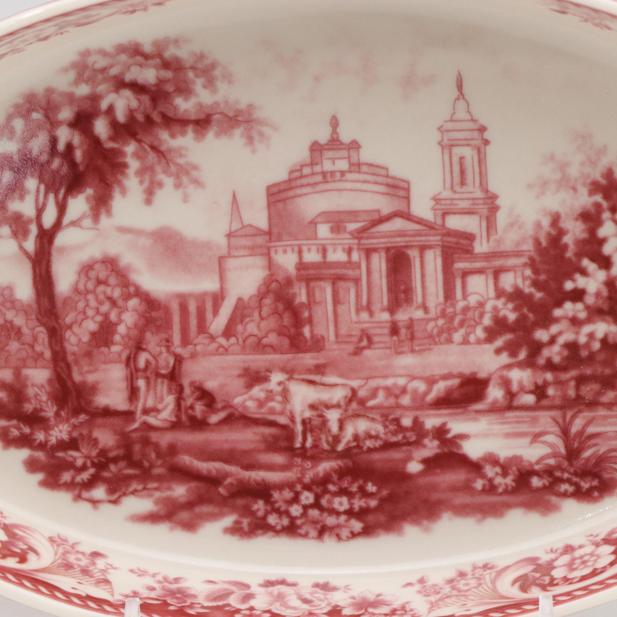 English Transferware "Anemone" Soap Dish with Red Handled Serving Dish