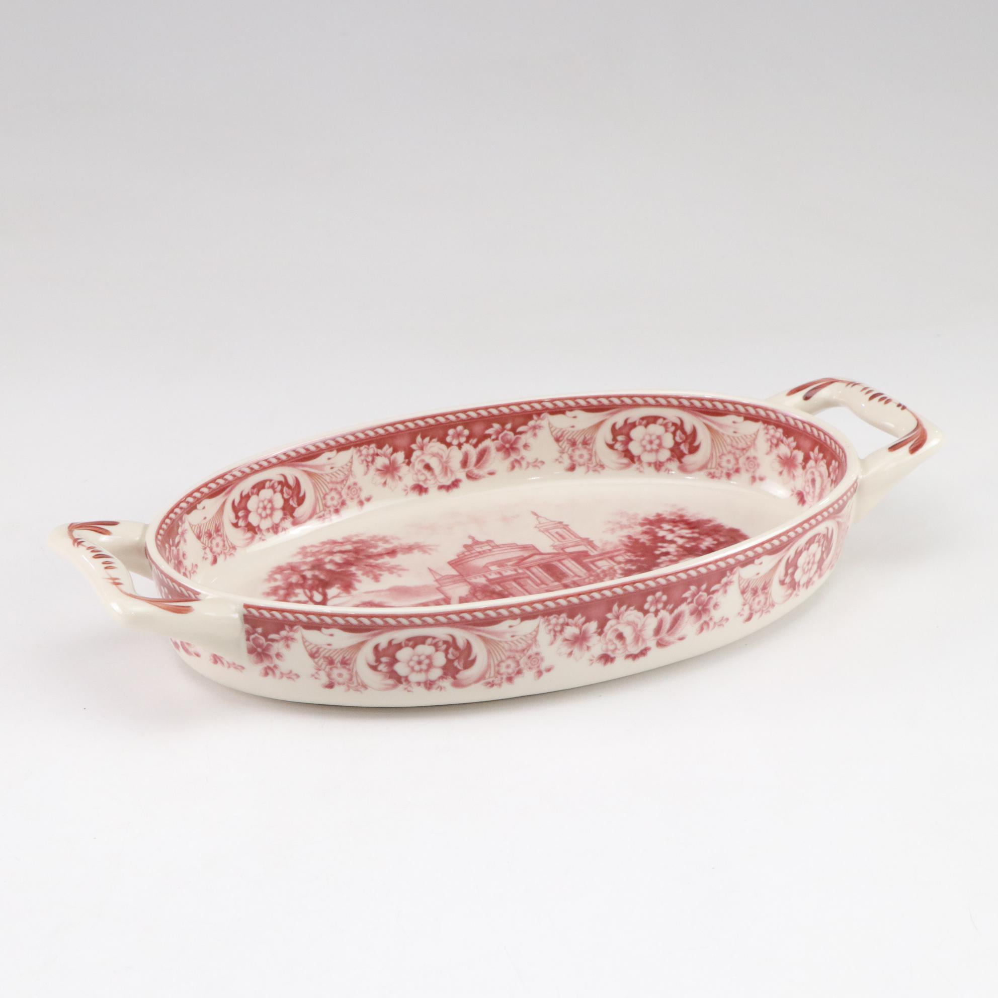 English Transferware "Anemone" Soap Dish with Red Handled Serving Dish
