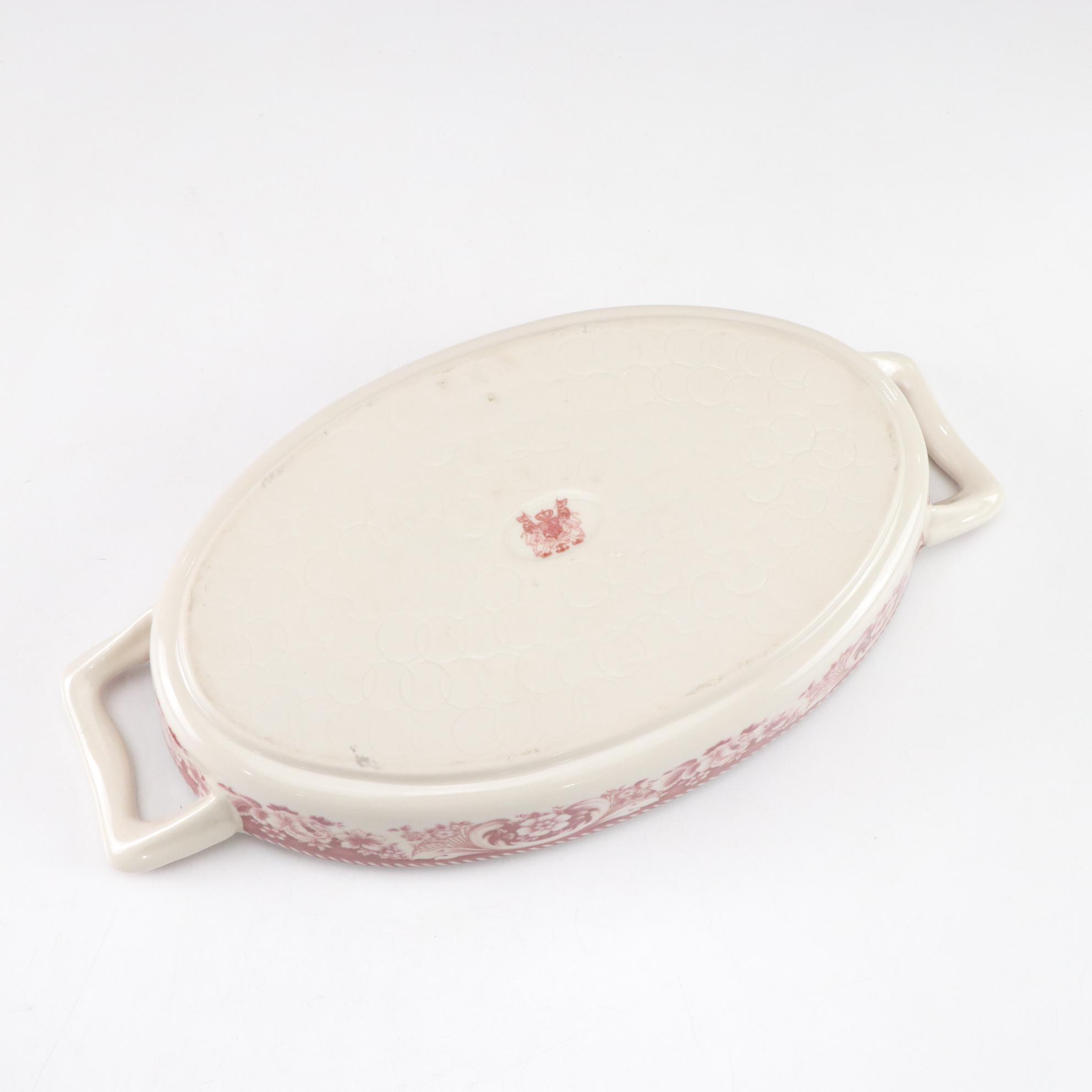 English Transferware "Anemone" Soap Dish with Red Handled Serving Dish