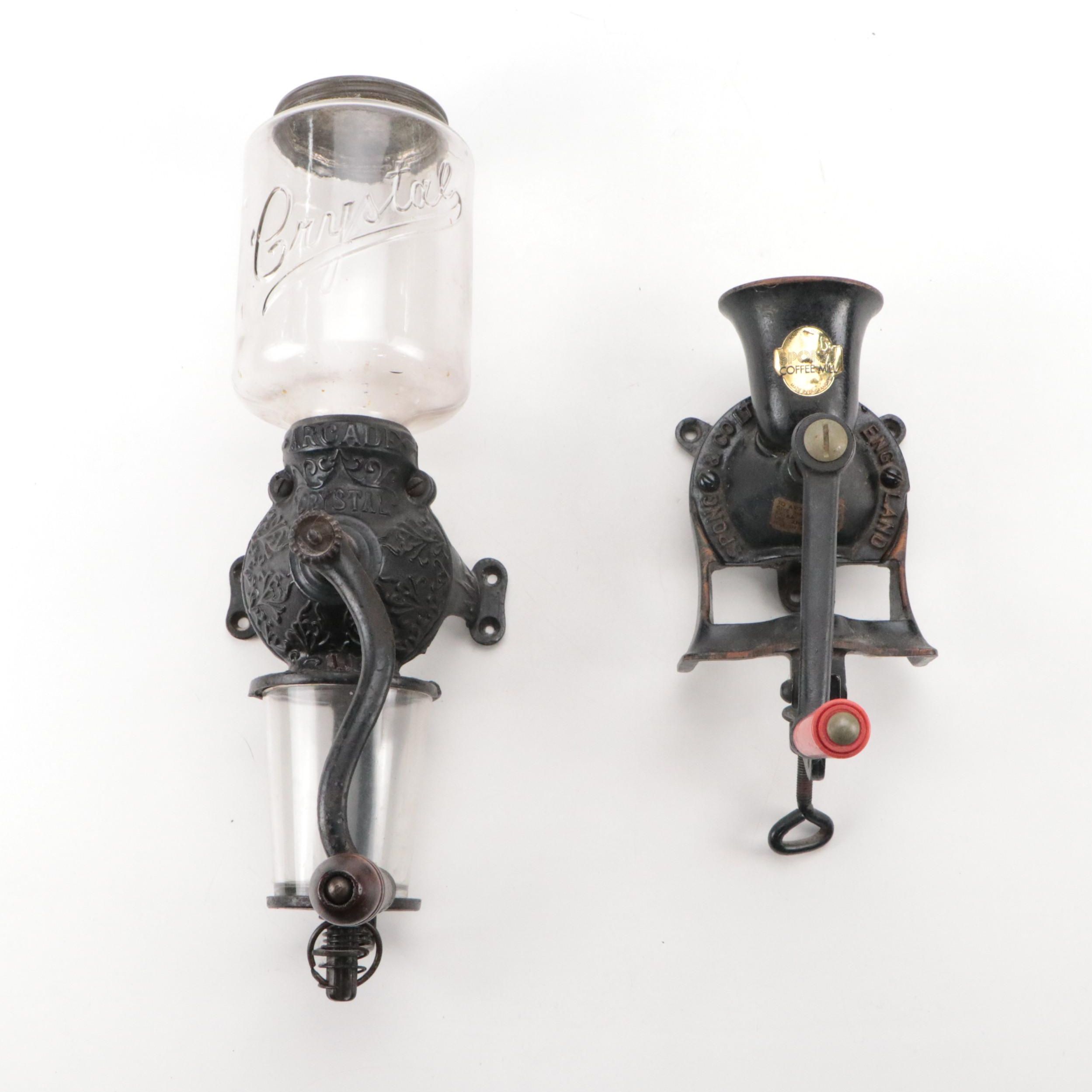 Arcade Crystal and Other Cast Iron Wall Mounted Coffee Grinders, 20th Century