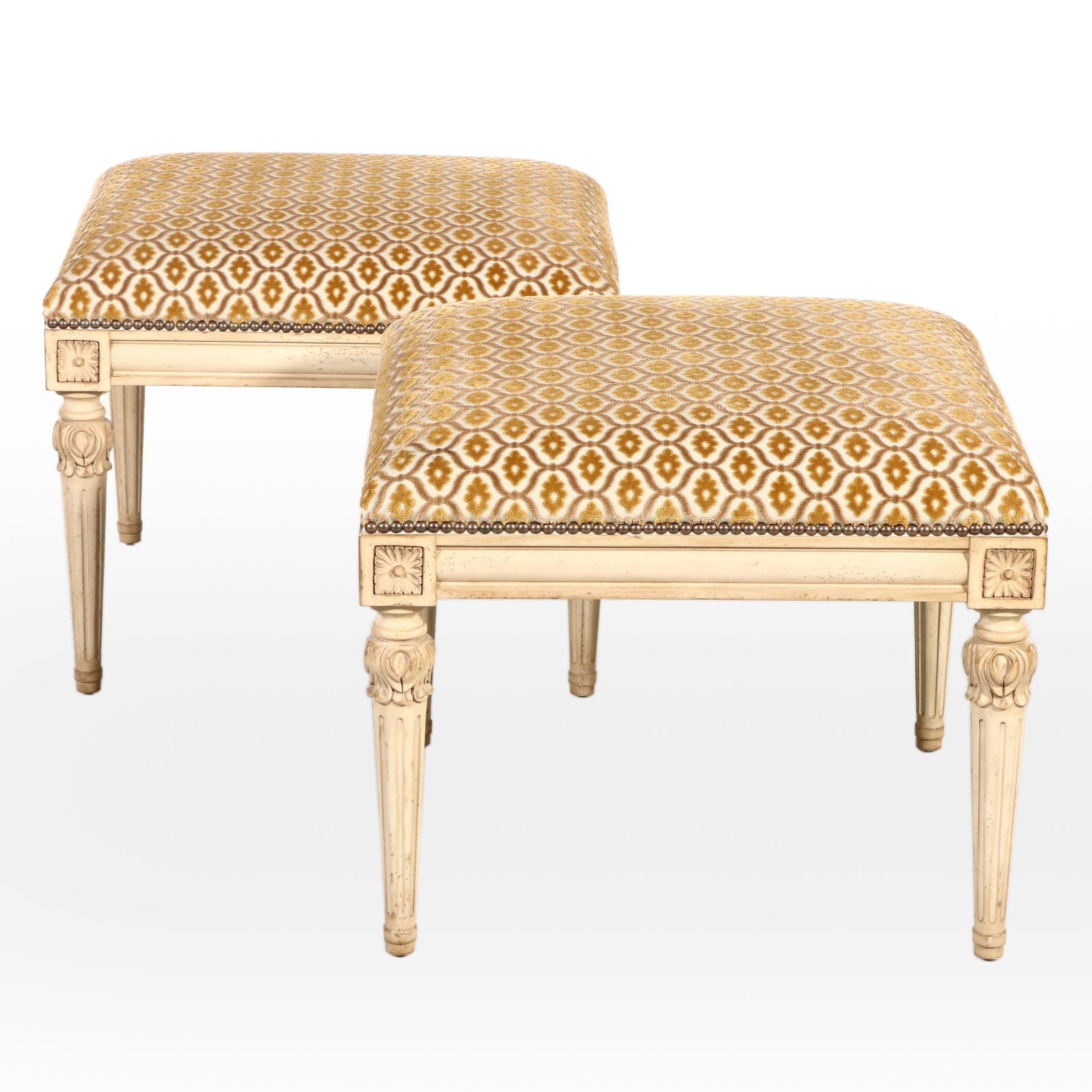 Pair of Isenhour Furniture French Provincial Style Chenille Upholstered Ottomans