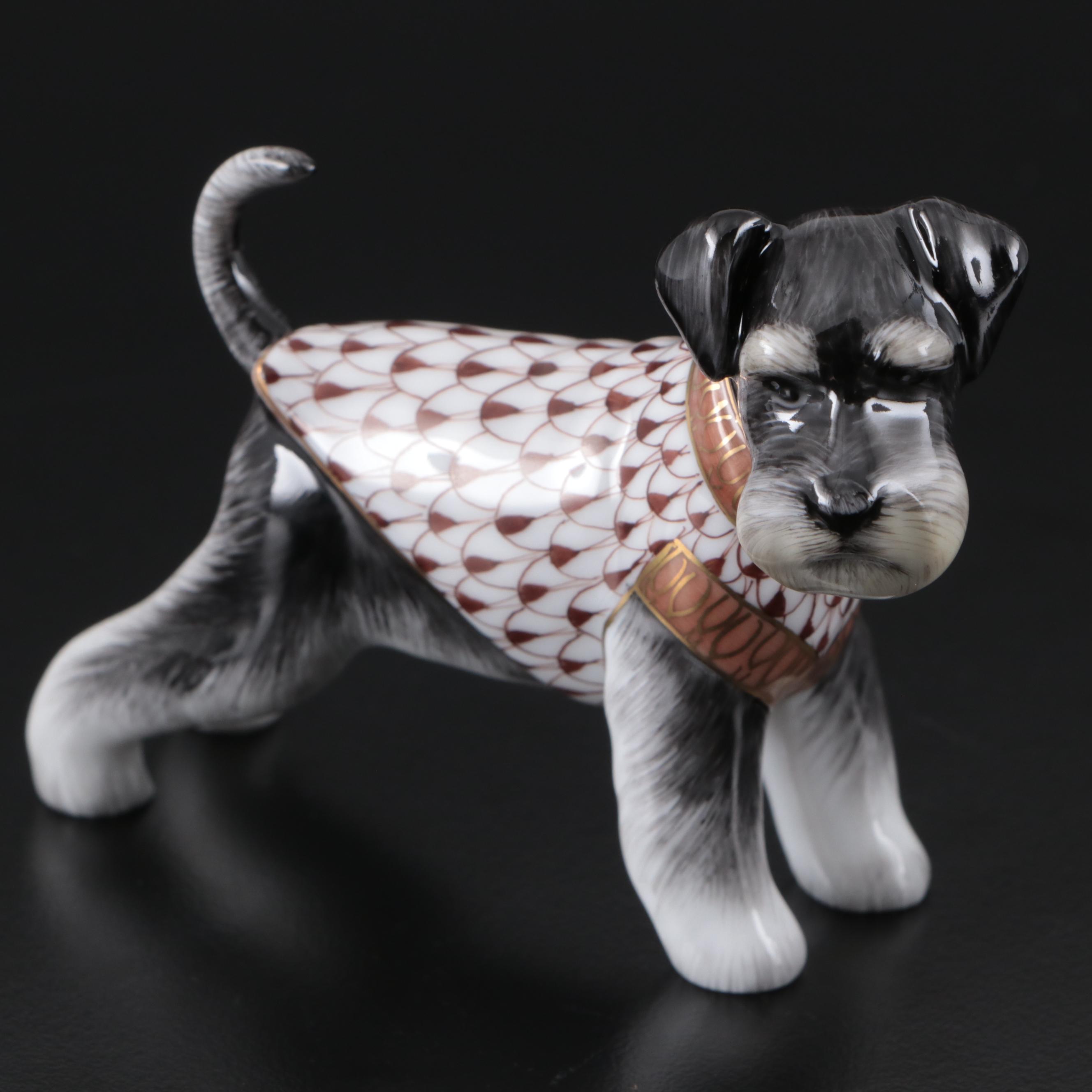 Herend Chocolate Fishnet and Gold on Natural "Schnauzer" Porcelain Figurine