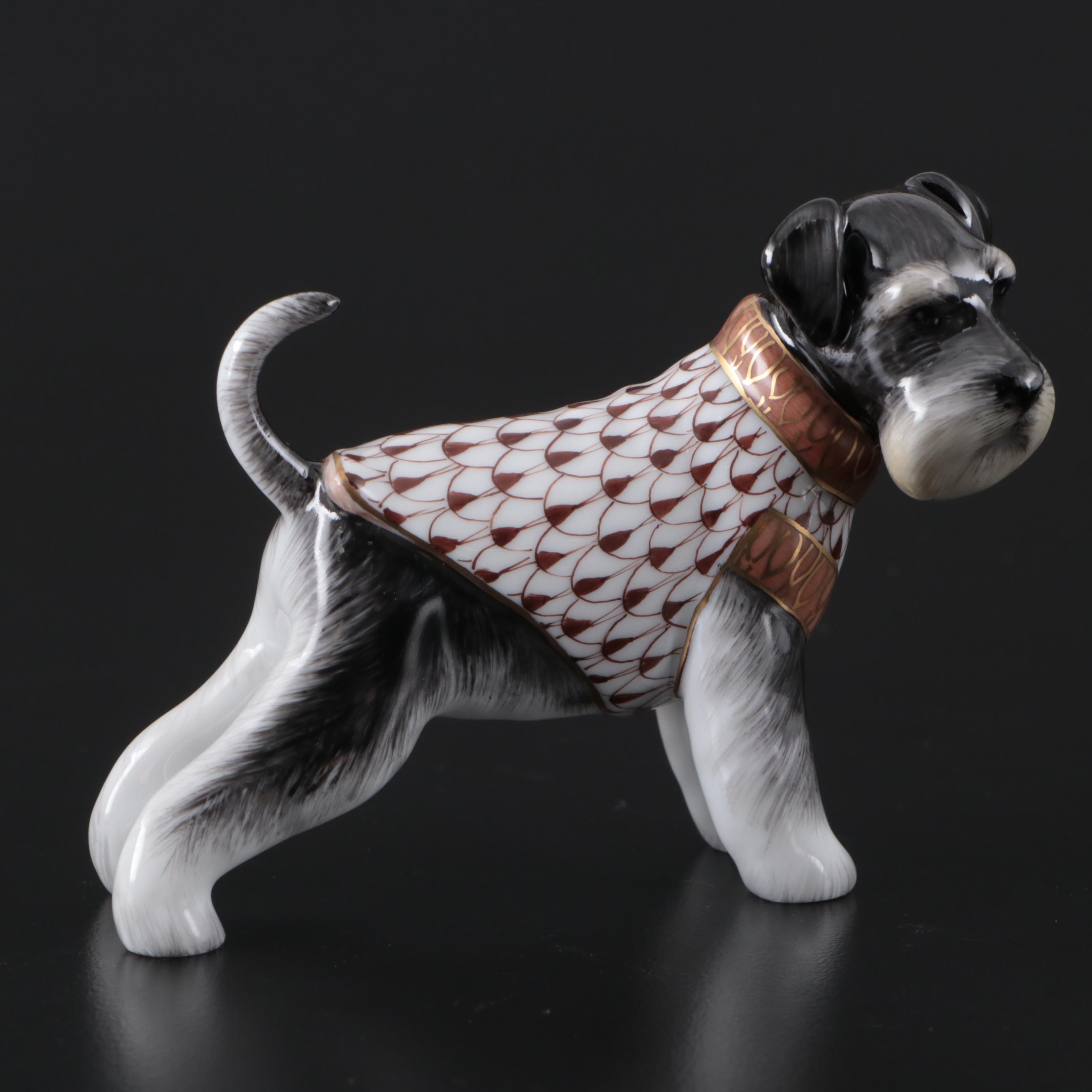 Herend Chocolate Fishnet and Gold on Natural "Schnauzer" Porcelain Figurine