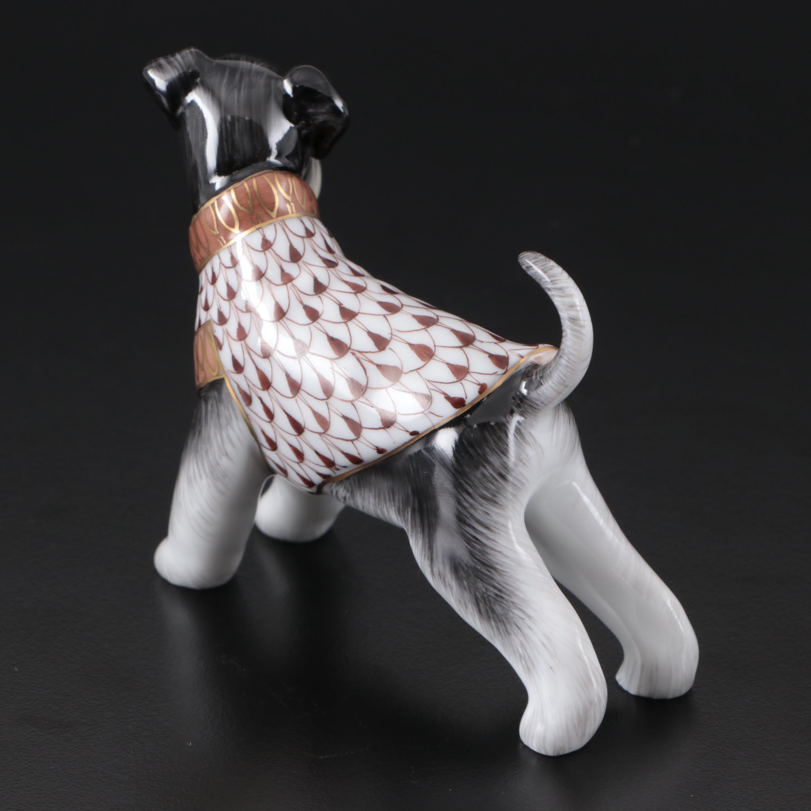 Herend Chocolate Fishnet and Gold on Natural "Schnauzer" Porcelain Figurine